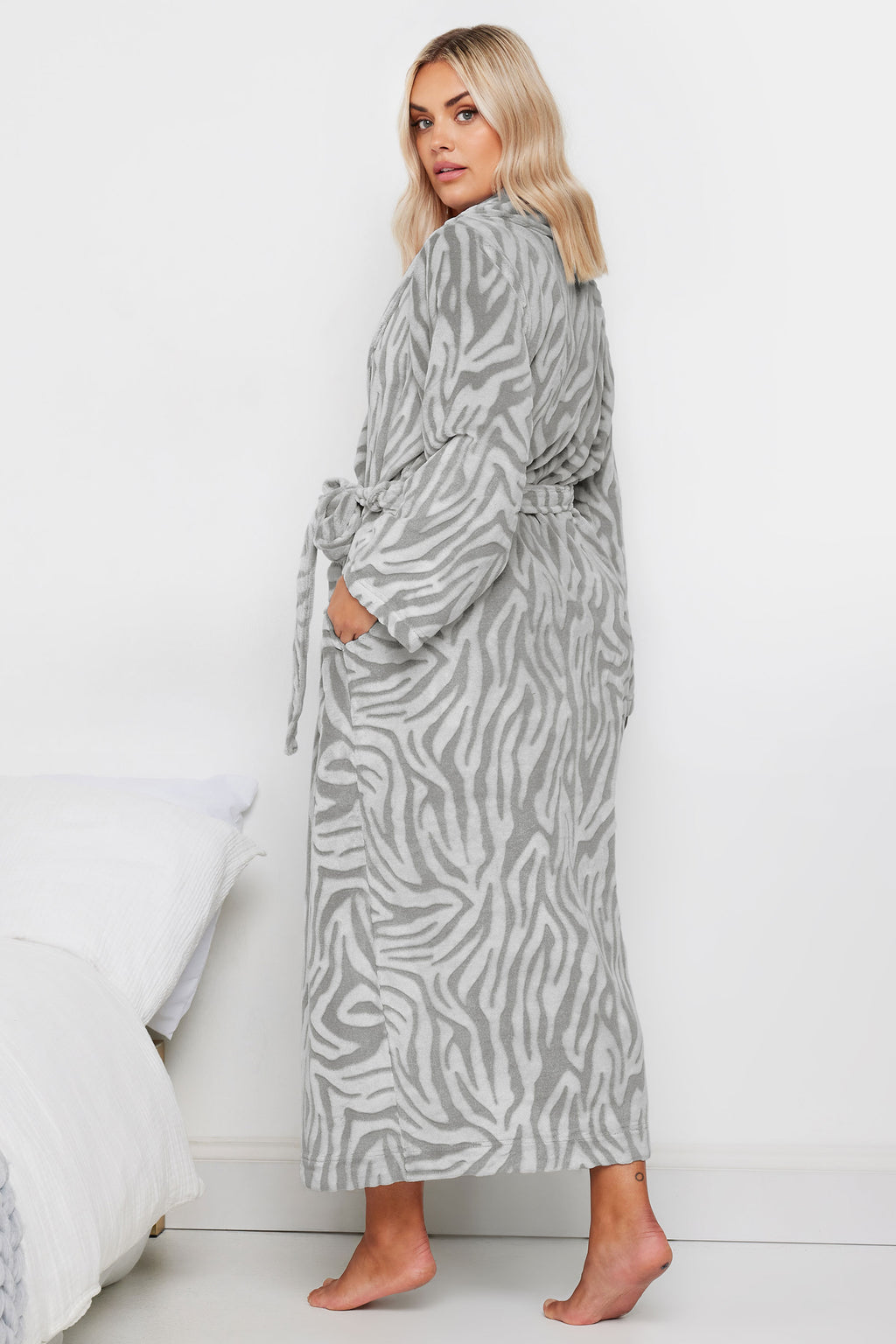  YOURS - Robe De Chambre Maxi Grise & Blanche Zébrée