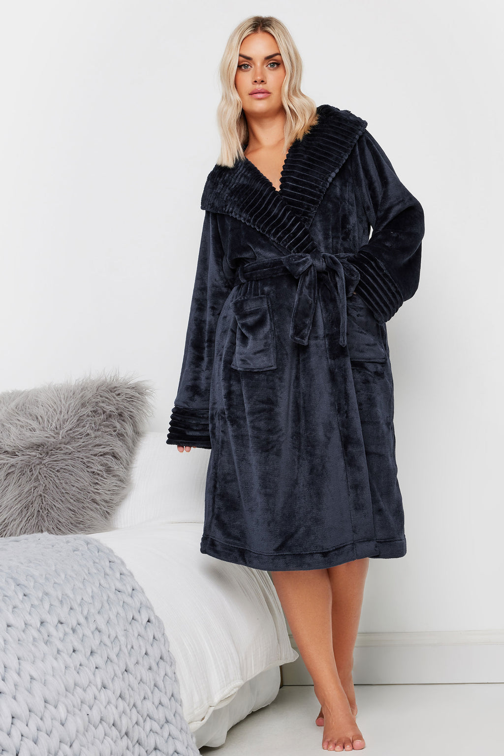  YOURS - Robe De Chambre Bleue Marine Gauffrée Nervurée à Capuche