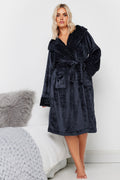  YOURS - Robe De Chambre Bleue Marine Gauffrée Nervurée à Capuche