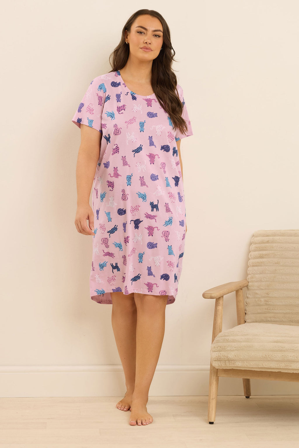  YOURS Lot De 2 Chemises De Nuit Curve à Imprimé Chat Rose Et Bleu