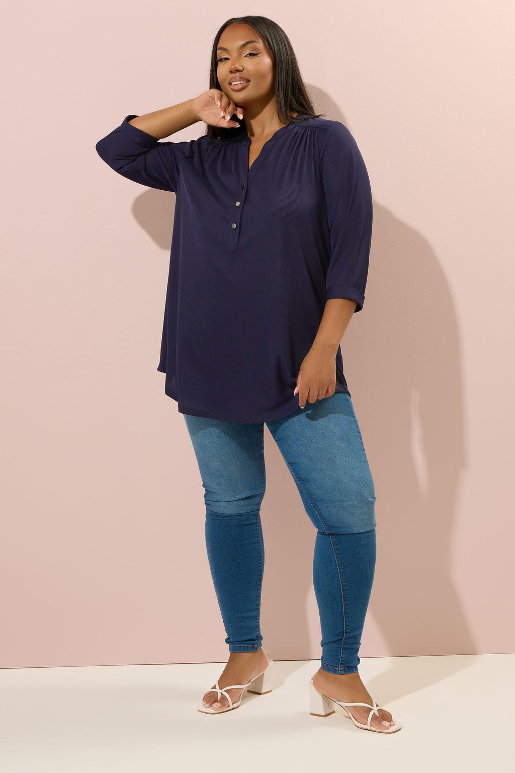 YOURS Curve Chemise Côtelée Bleu Marine à Demi-patte