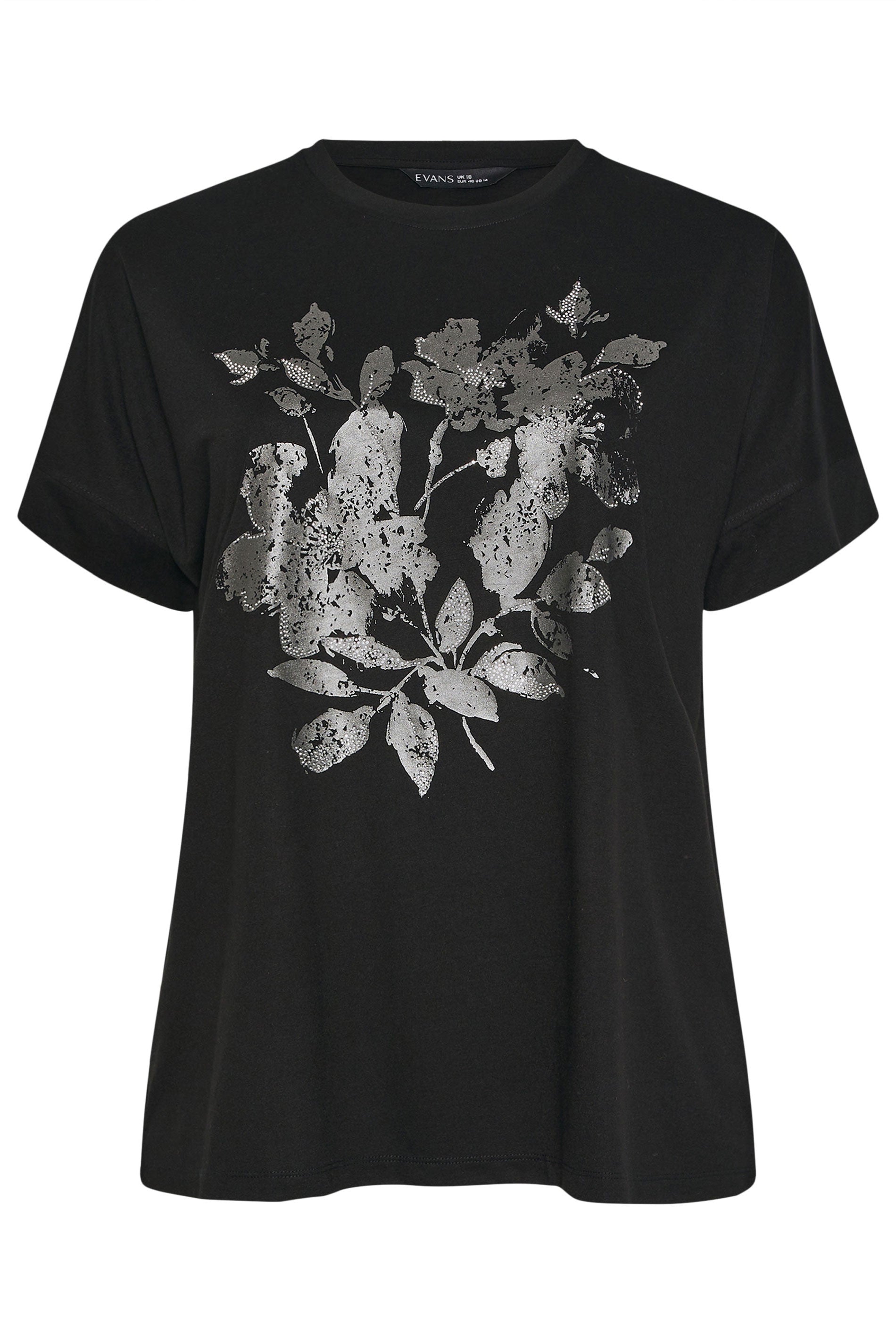  EVANS Curve Black Floral Stud Detail Top