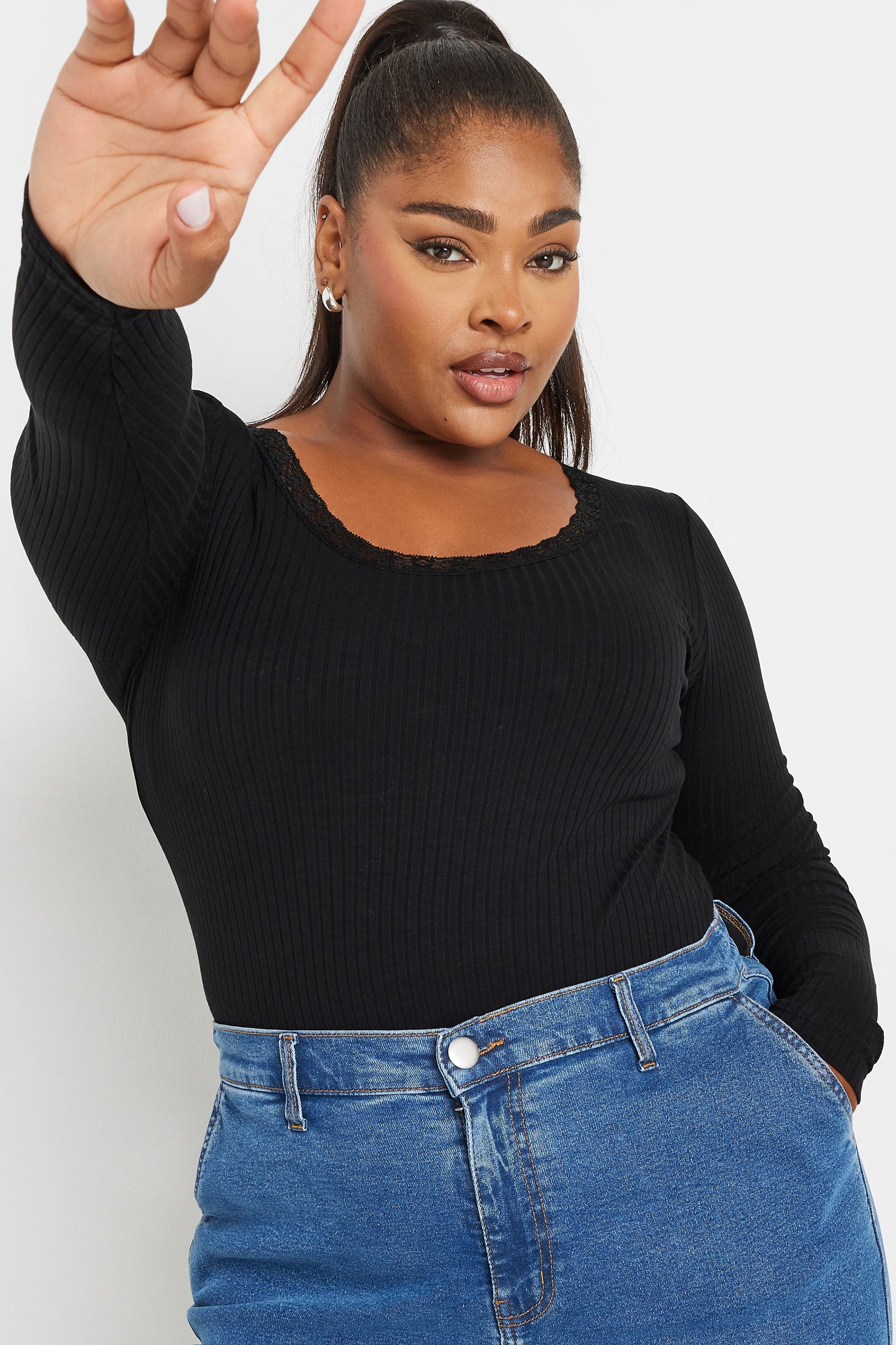  YOURS - Body Noir En Coton Bordure Dentelle