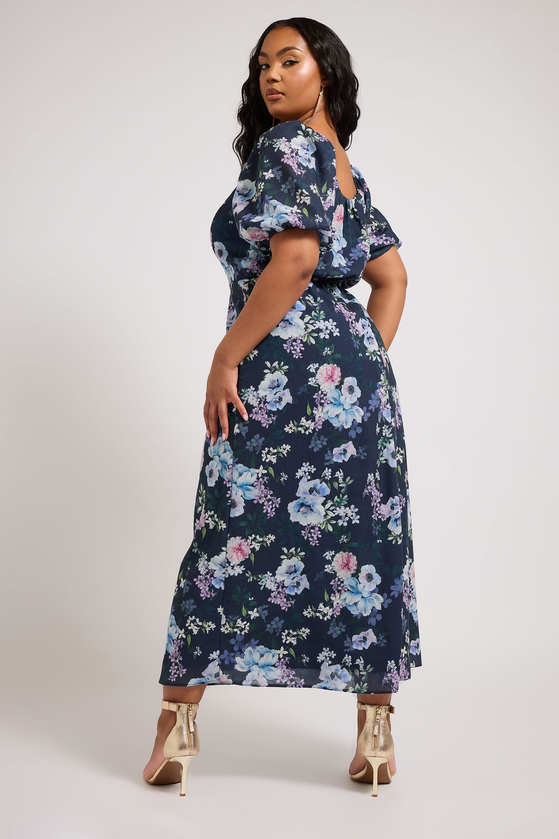  YOURS LONDON - Robe Floral Bleue Marine Manches Courtes En Ballons