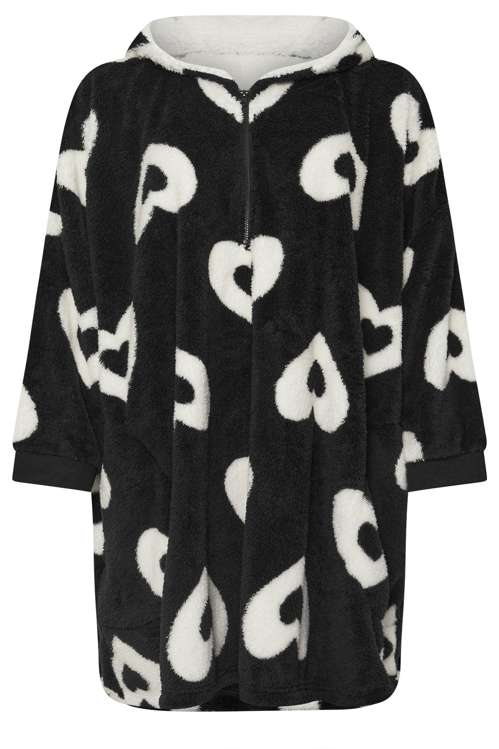  YOURS - Pull-Plaid Noir & Blanc Oversize à Capuche Coeurs