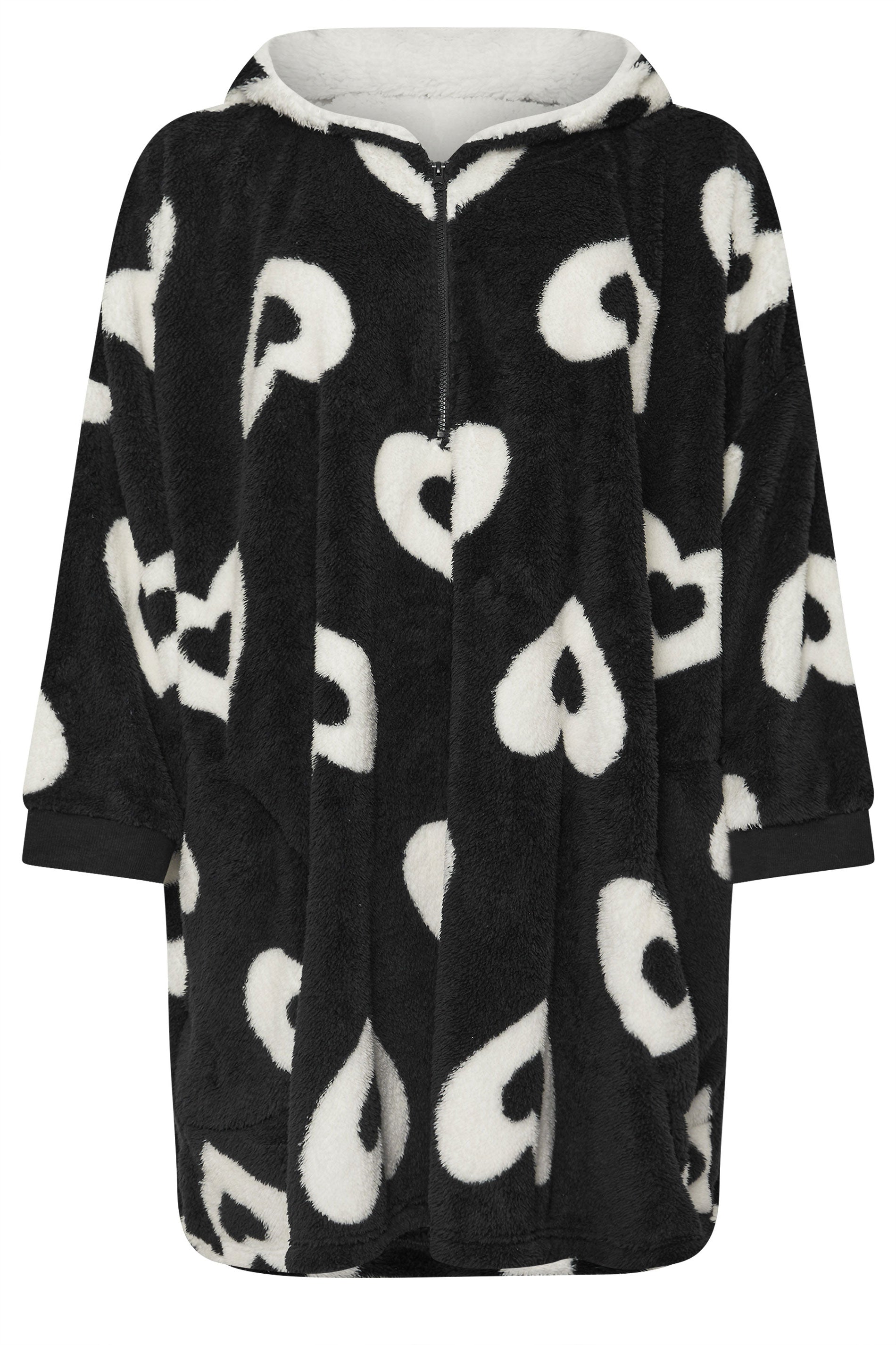  YOURS - Pull-Plaid Noir & Blanc Oversize à Capuche Coeurs