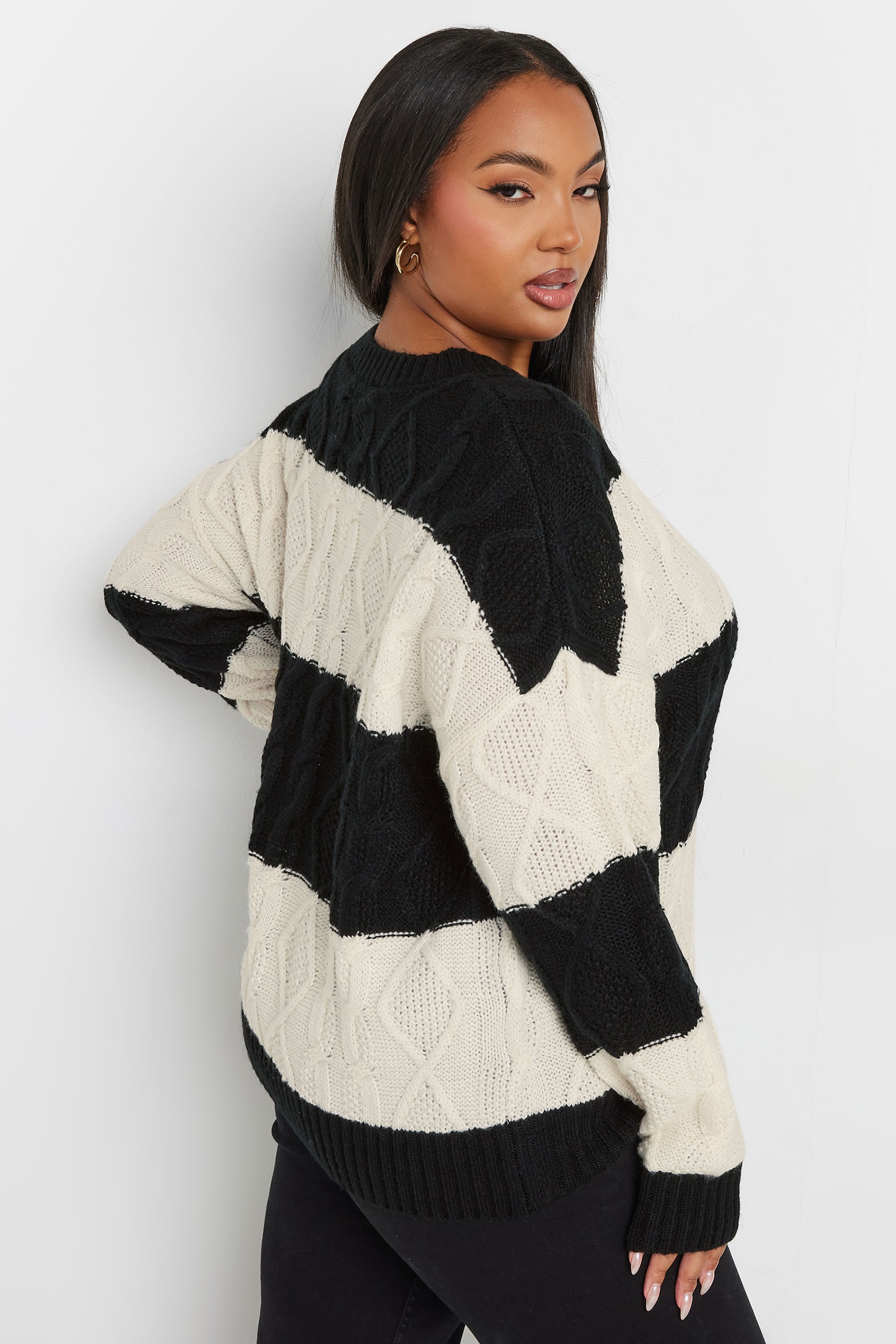  YOURS - Pull Noir & Crème En Maille Design Rayures