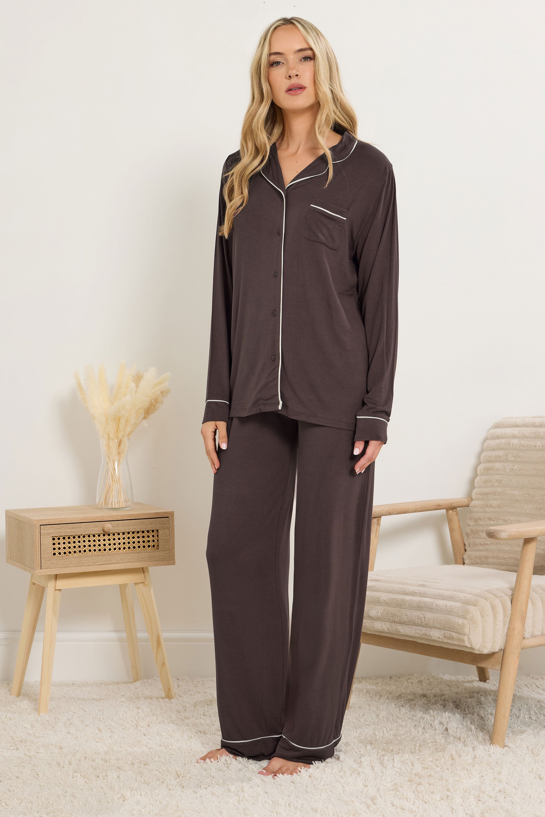  LTS Tall Chocolate Brown Piped Jersey Pyjama Set