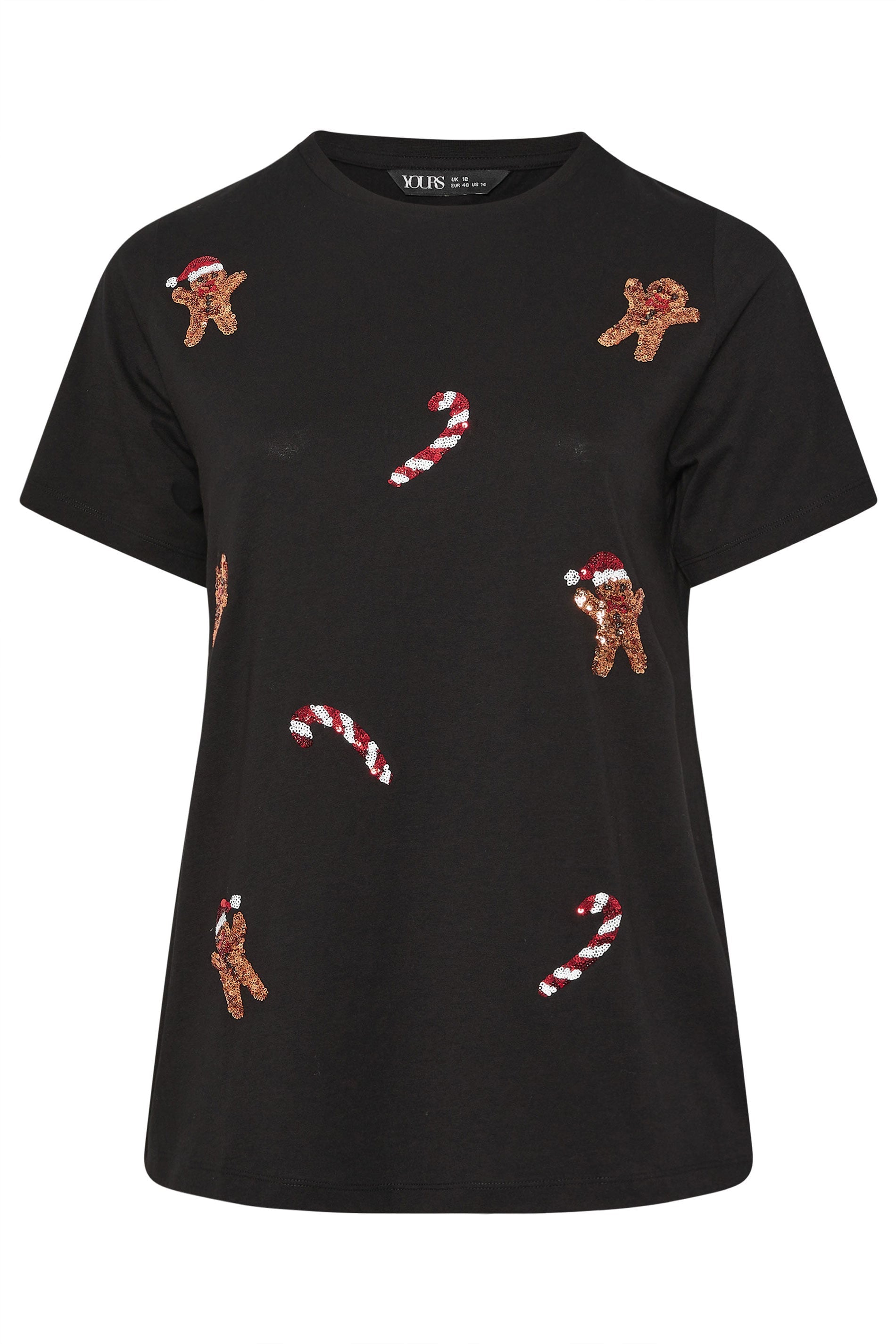  YOURS Curve T-shirt Fantaisie Noir à Sequins En Forme De Bonhomme En Pain D'épices