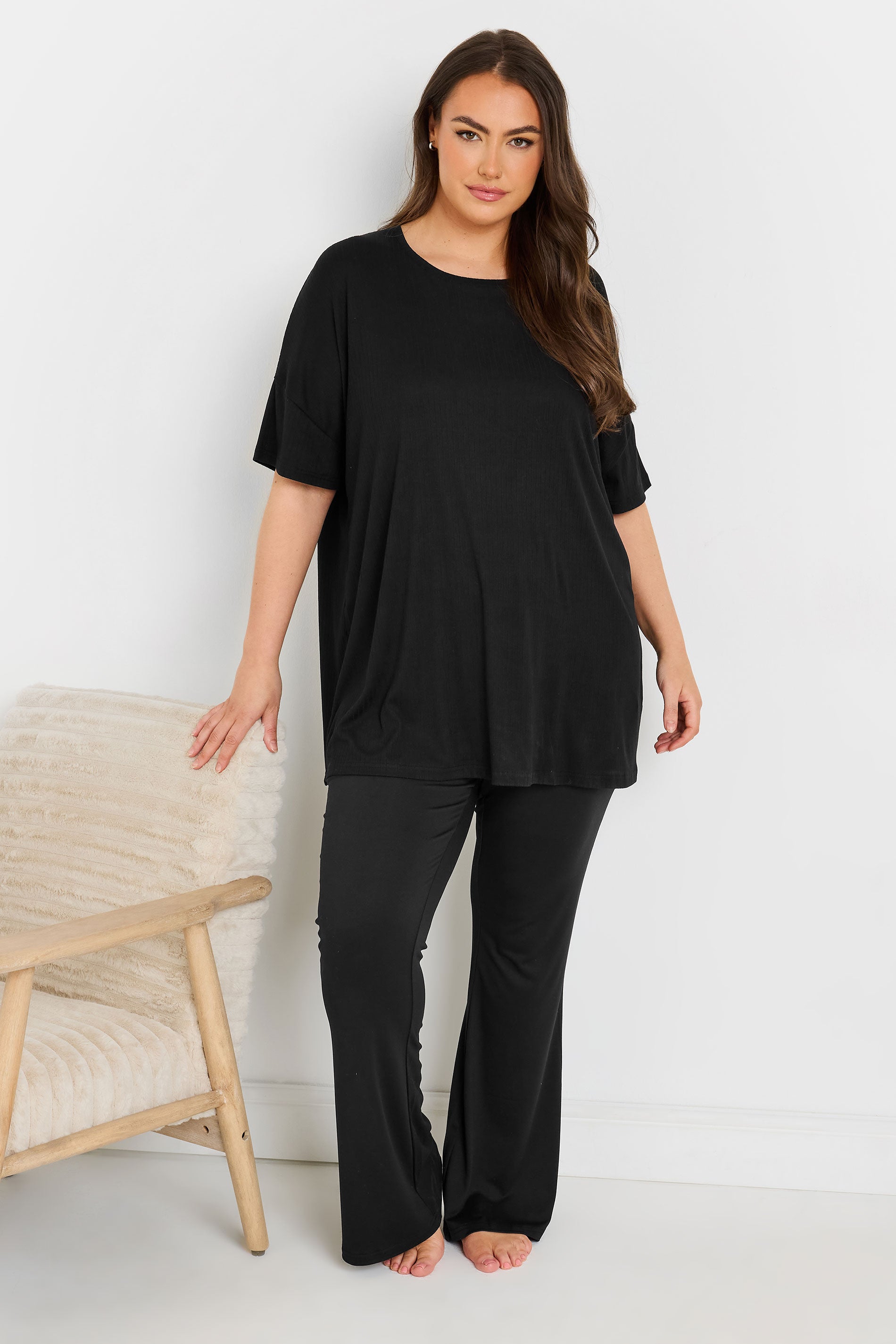  YOURS - Haut De Pyjama Noir Toucher Doux Nervuré Coupe Volantée