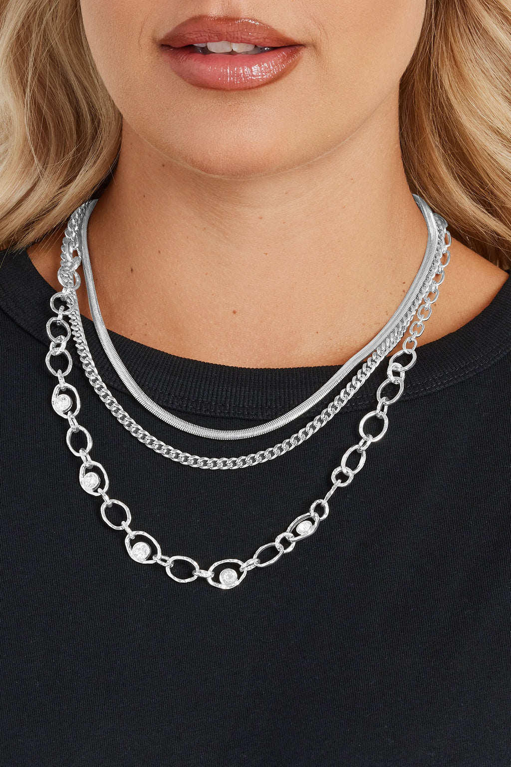  Collier Double Couche En Forme De Larme Argenté