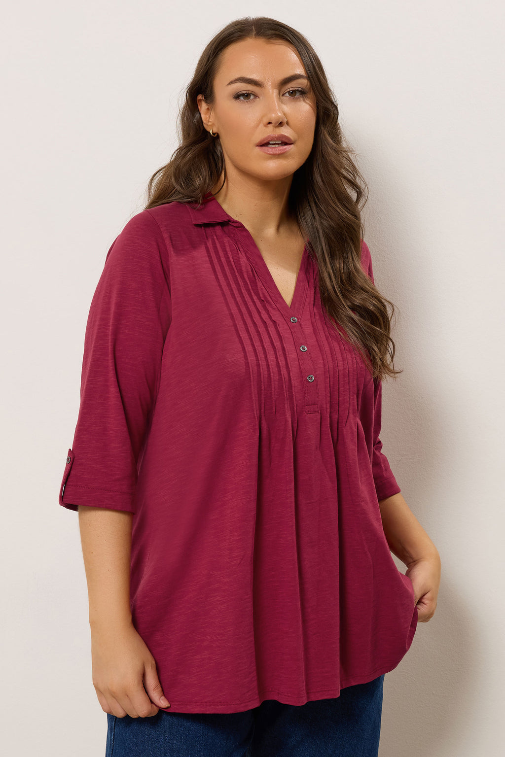  EVANS Curve Red Pintuck Henley Top