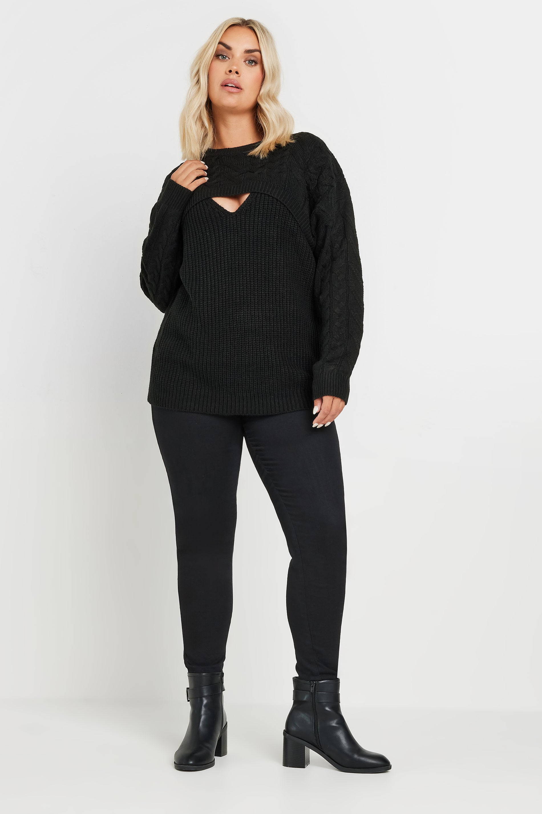  YOURS - Pull Noir En Maille Découpé Manches Longues