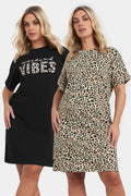  YOURS - Lot De 2 Chemises De Nuit Noire & Léopard 'Weekend Vibes'