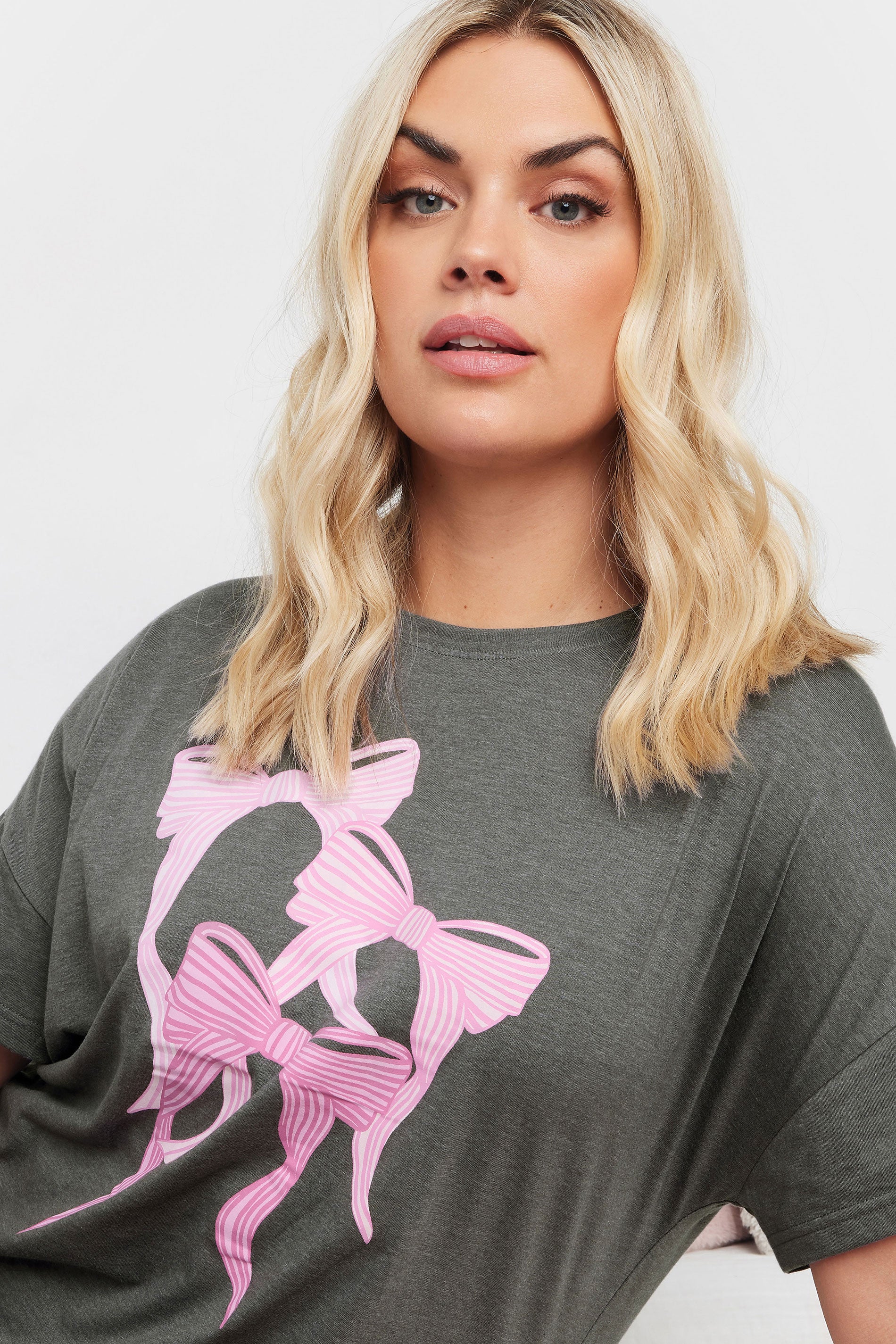  YOURS - Lot De 2 Chemises De Nuit Grise & Rose à Noeuds