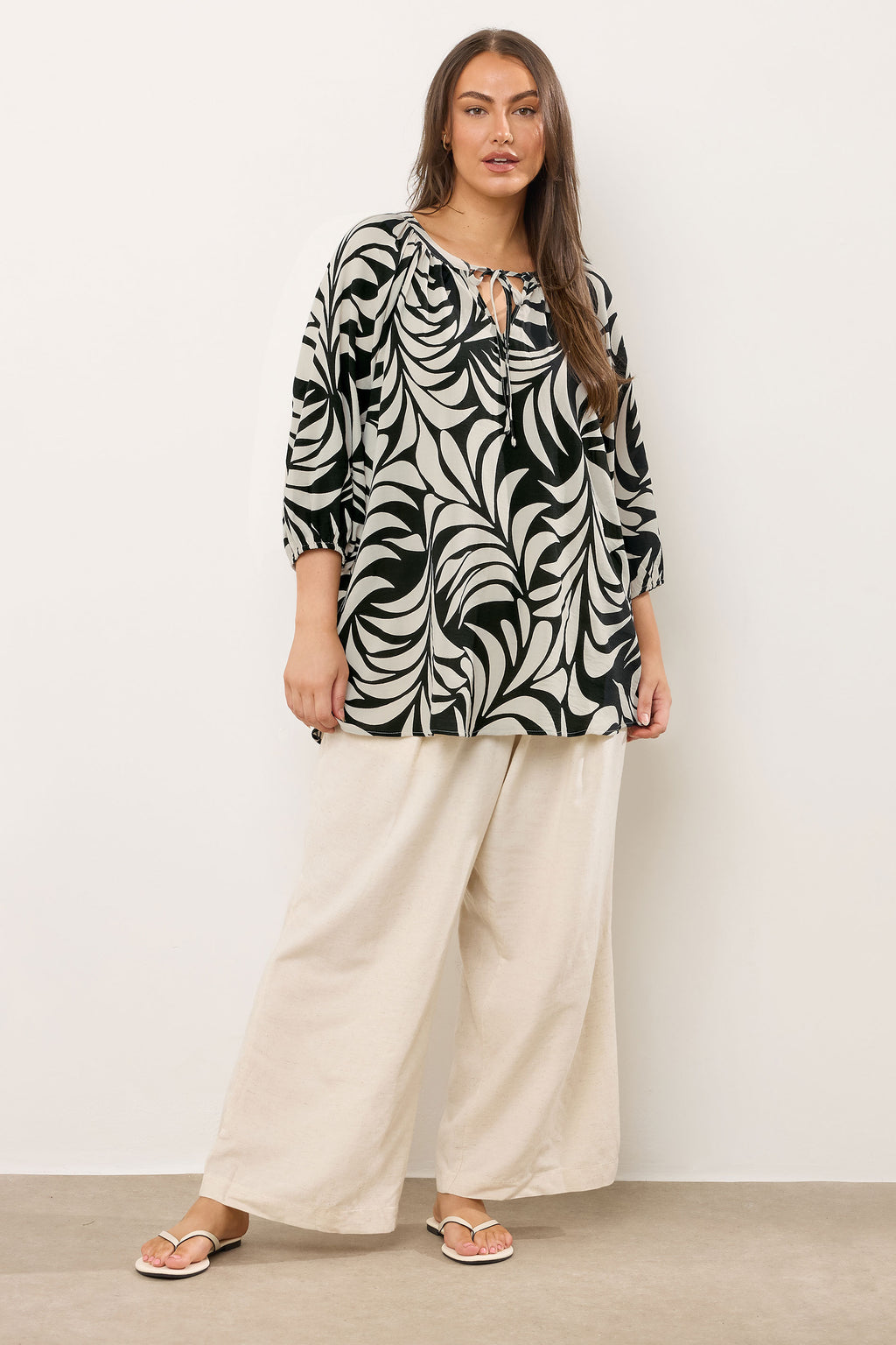  EVANS Curve Black Leaf Print Tie Neck Blouse