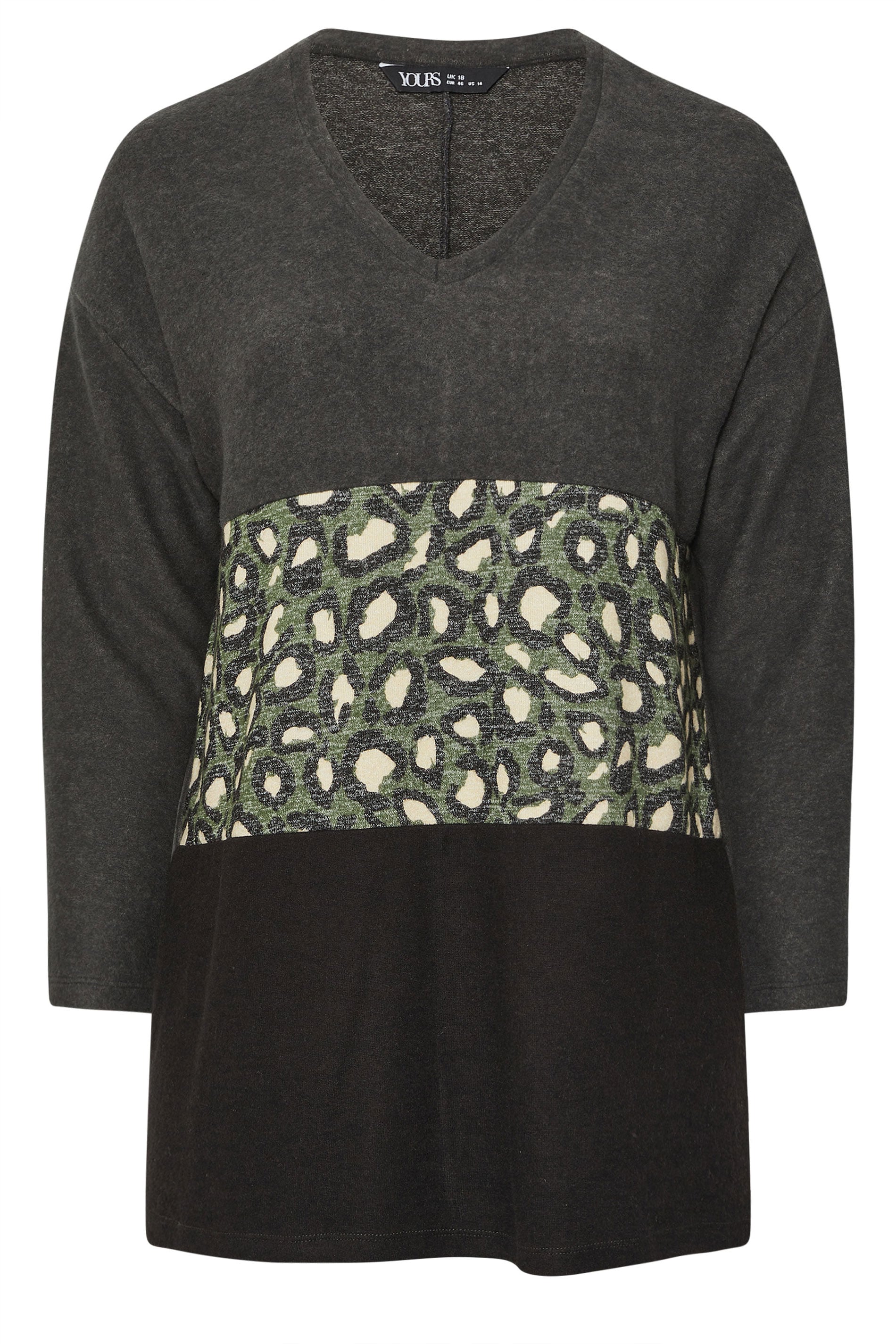  YOURS Curve Pull Gris Anthracite à Imprimé Léopard Et Blocs De Couleurs