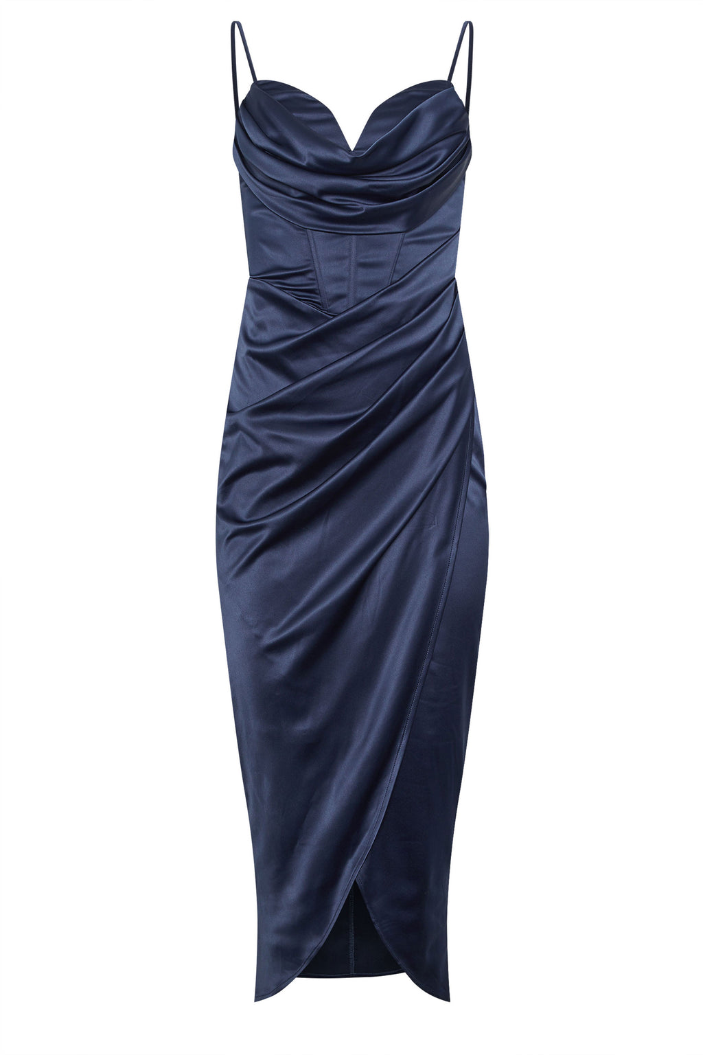  STAR Navy Blue Satin Corset Cowl Wrap Dress