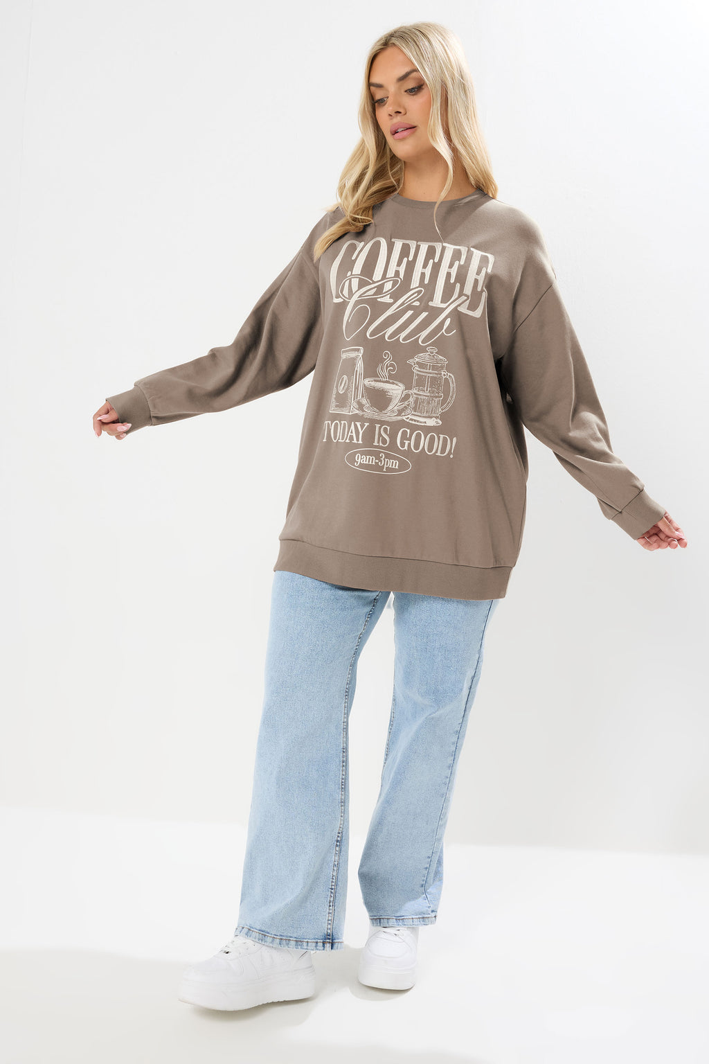  YOURS Curve Sweat-shirt Brodé Marron à Slogan « Coffee Club »