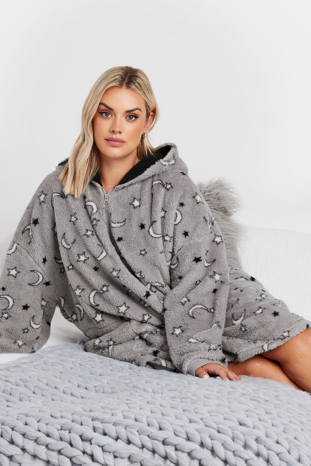  YOURS - Pull-Plaid Gris Oversize à Capuche Lunes & Étoiles