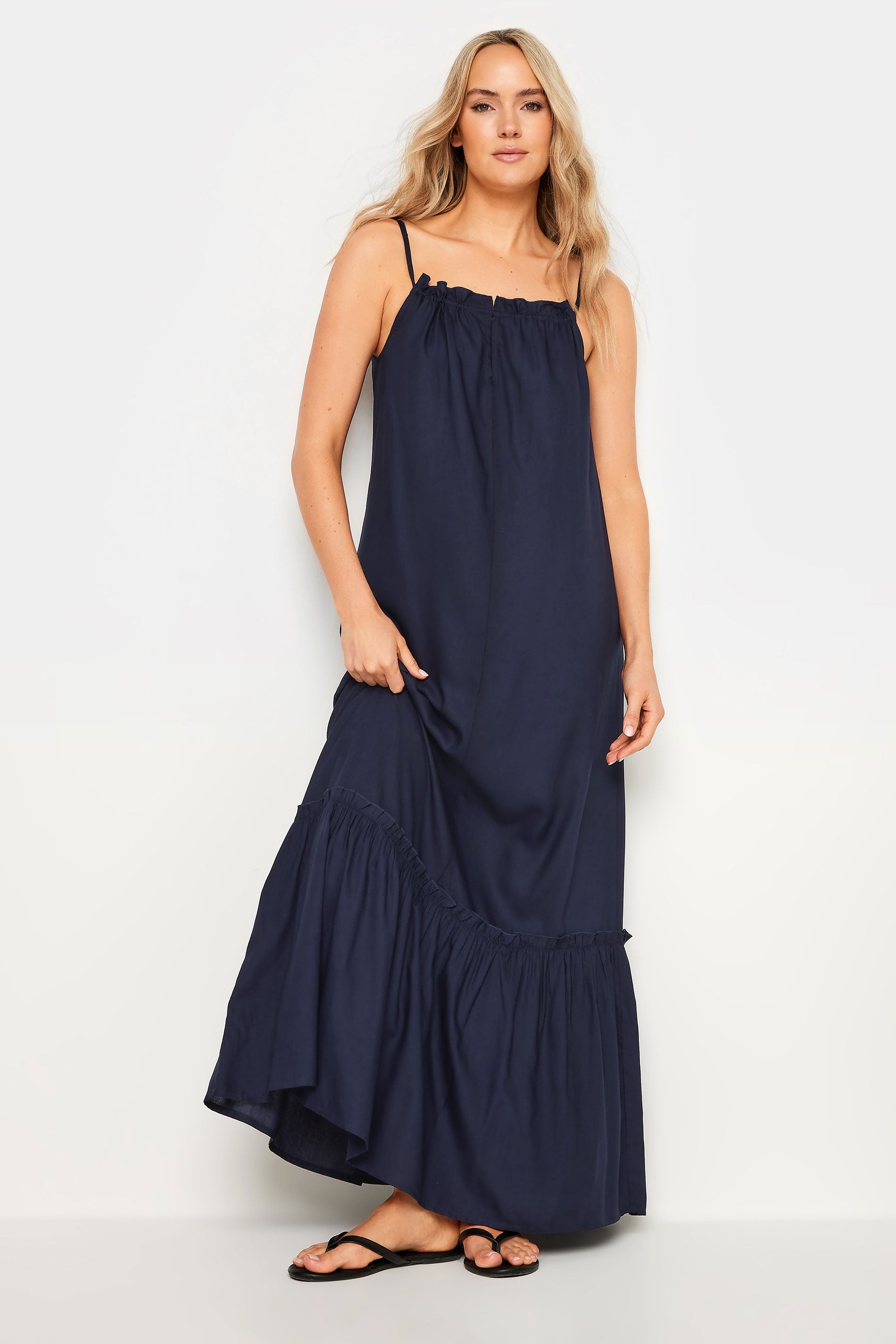  LTS - Robe Bleue Marine Fines Bretelles Maxi Coupe Volanté Tall