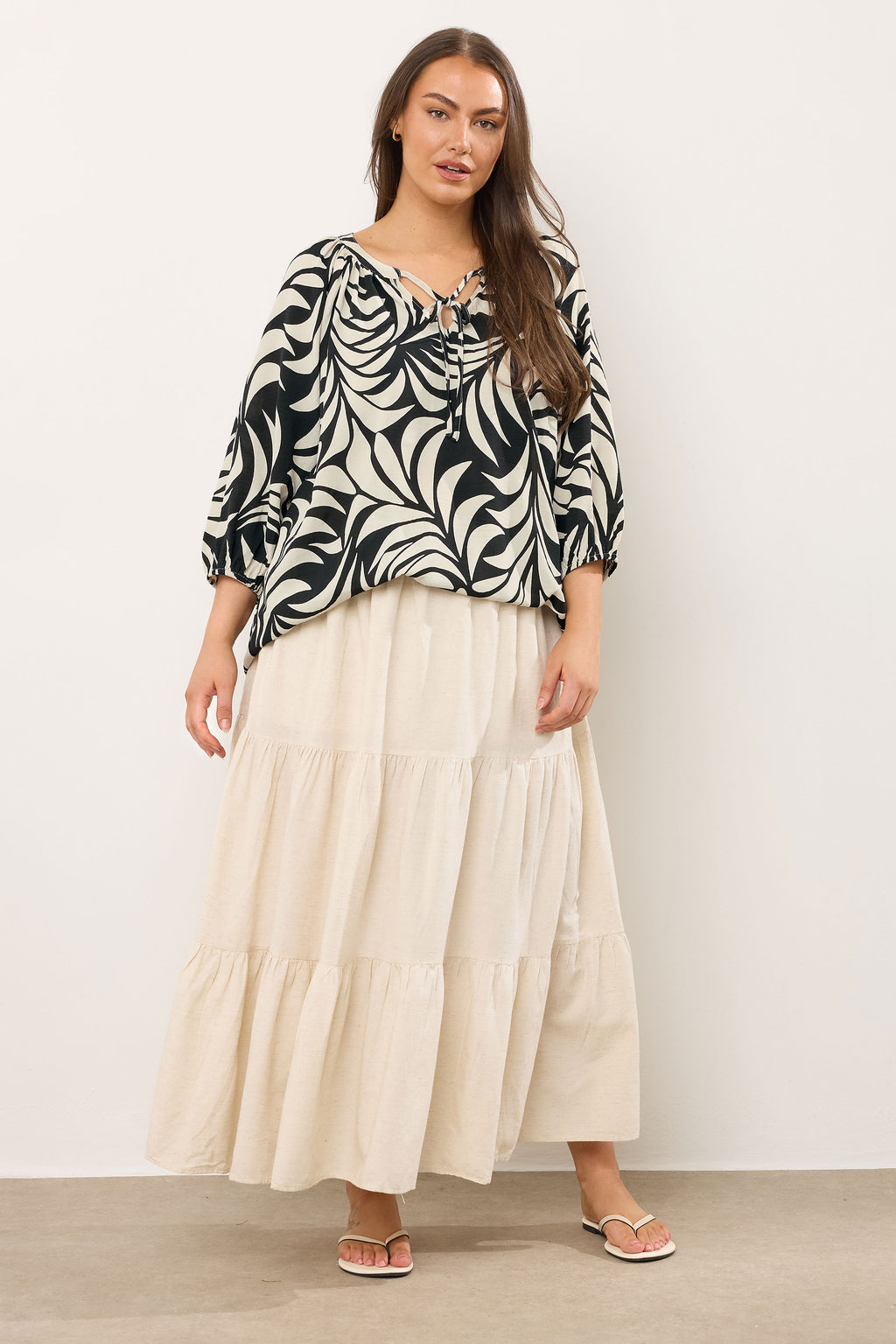  EVANS Curve Black Leaf Print Tie Neck Blouse
