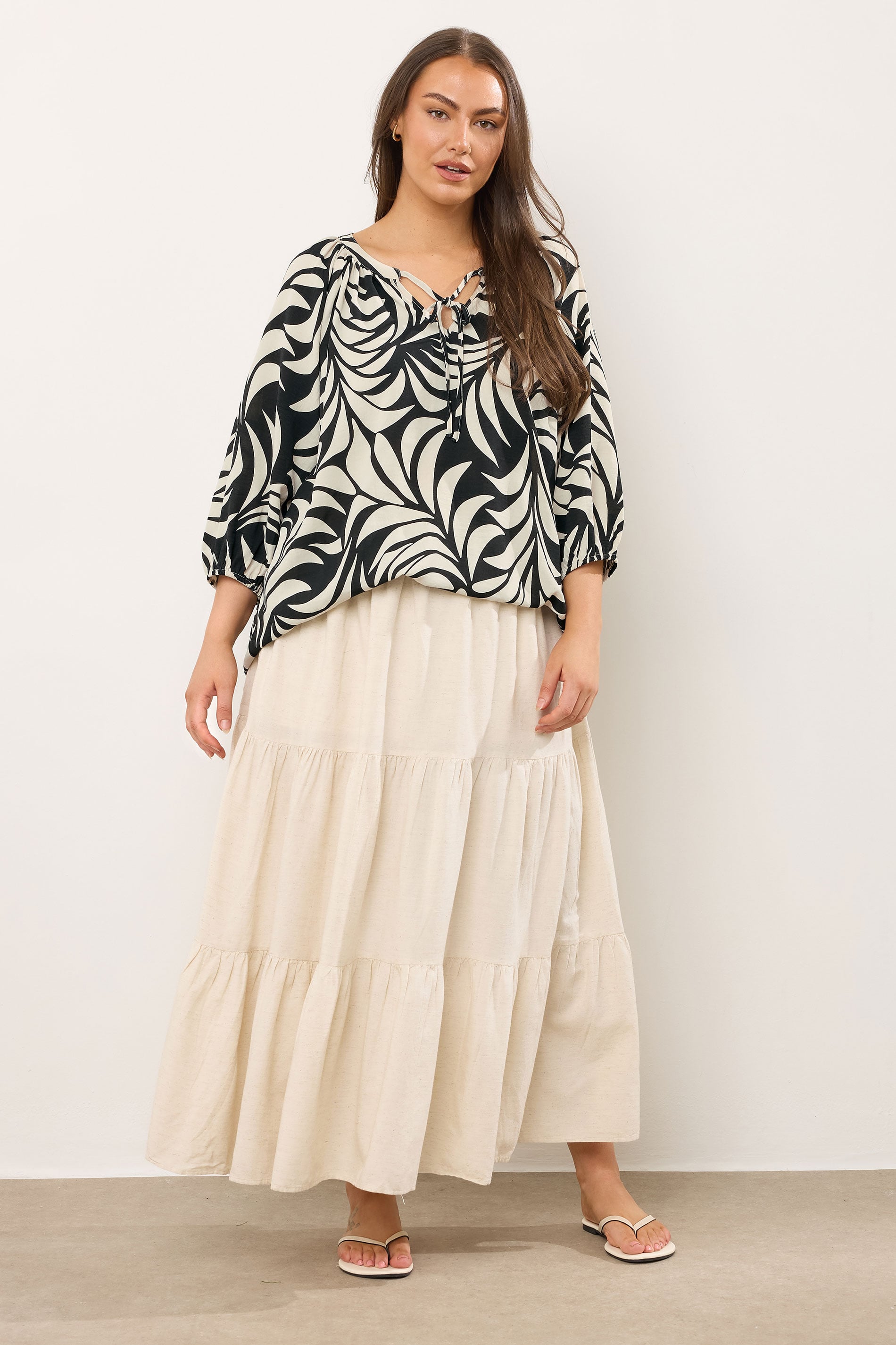  EVANS Curve Black Leaf Print Tie Neck Blouse