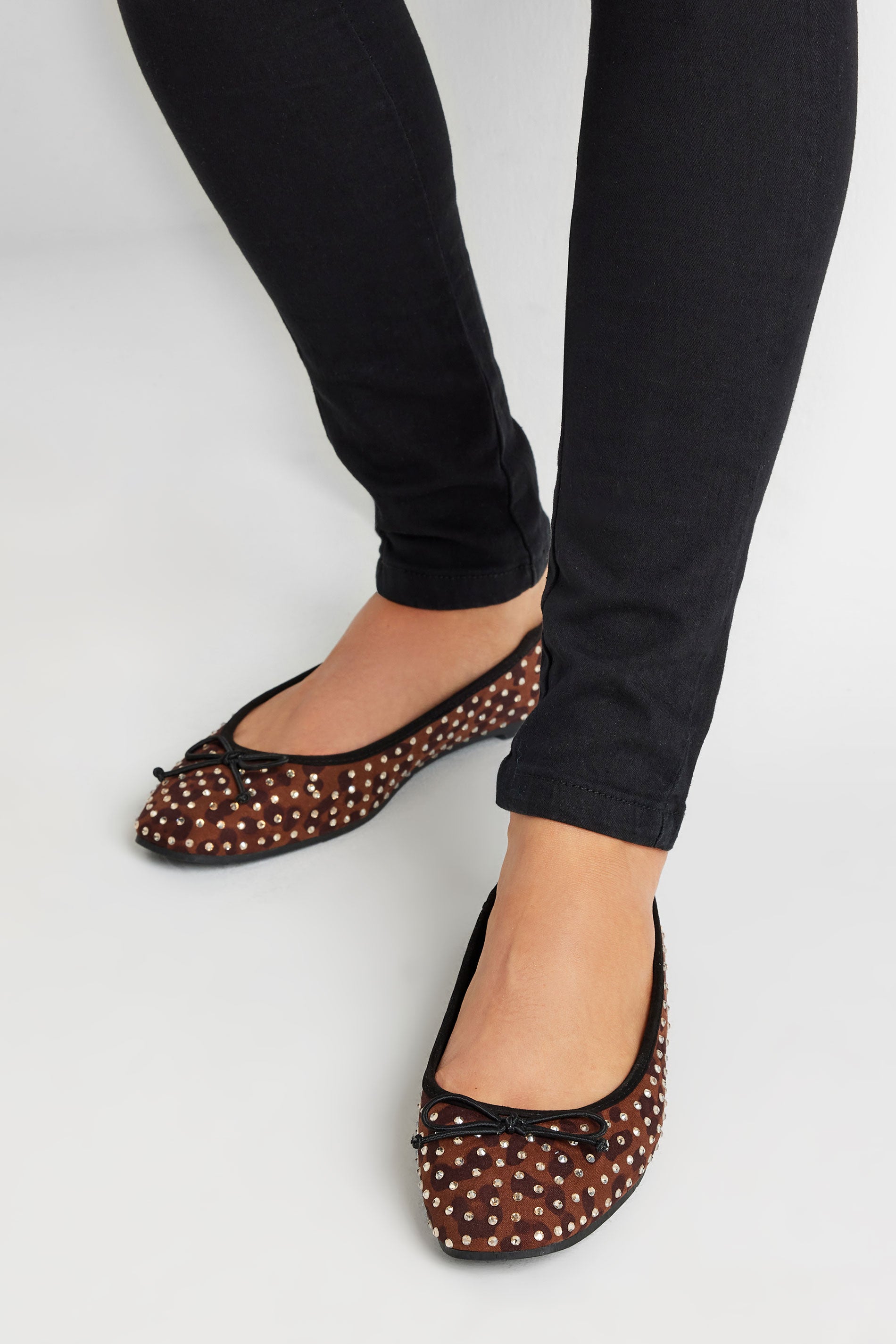  LTS Brown Leopard Print Faux Suede Diamante Ballerina Pumps In Standard Fit