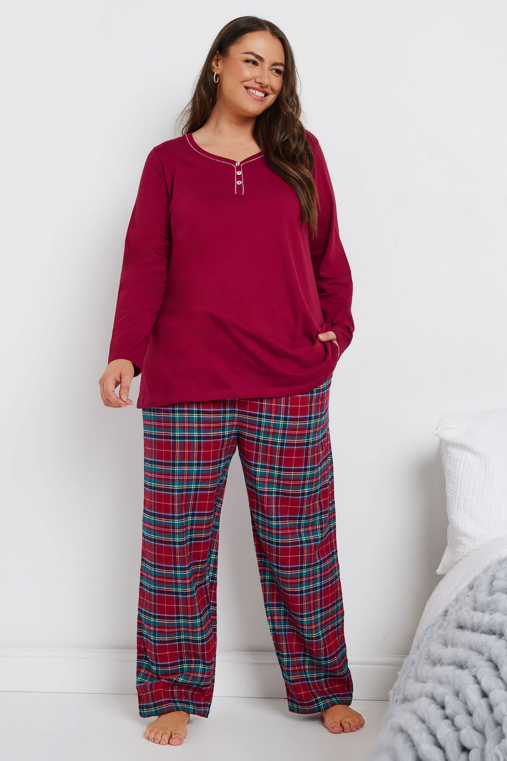  YOURS - Bas De Pyjama Rouge & Bleu à Carreaux Coupe Wide Leg