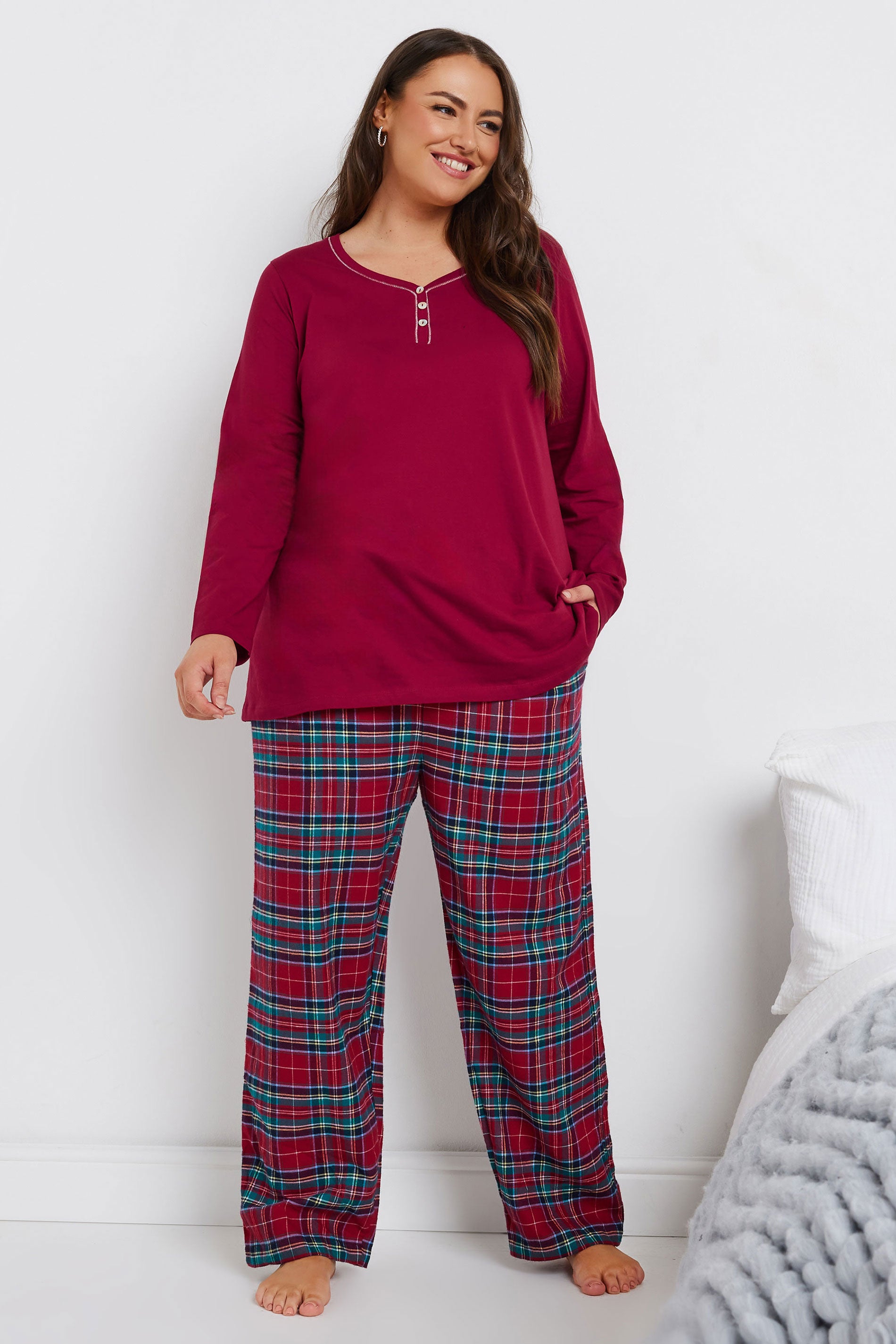  YOURS - Bas De Pyjama Rouge & Bleu à Carreaux Coupe Wide Leg