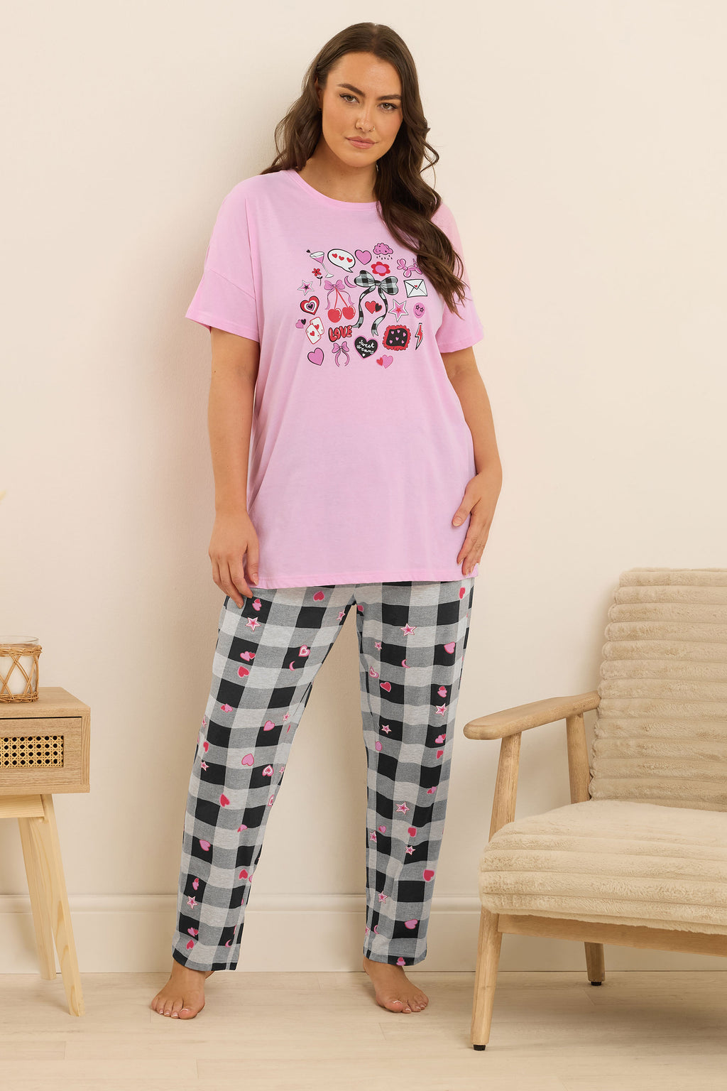  YOURS Curve Ensemble De Pyjama à Jambes Larges Rose à Carreaux Vichy Et Nœud