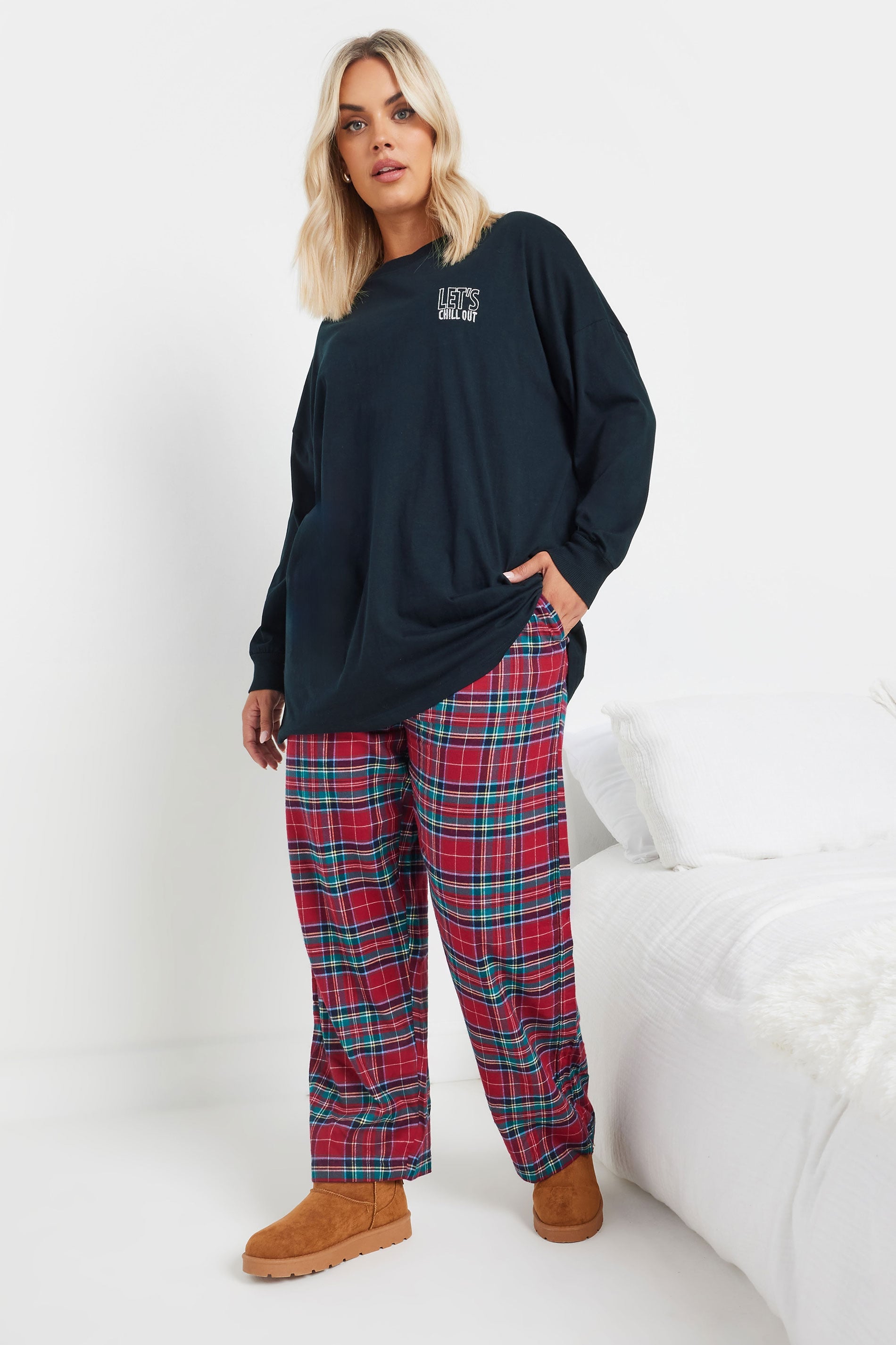  YOURS - Bas De Pyjama Rouge & Bleu à Carreaux Coupe Wide Leg