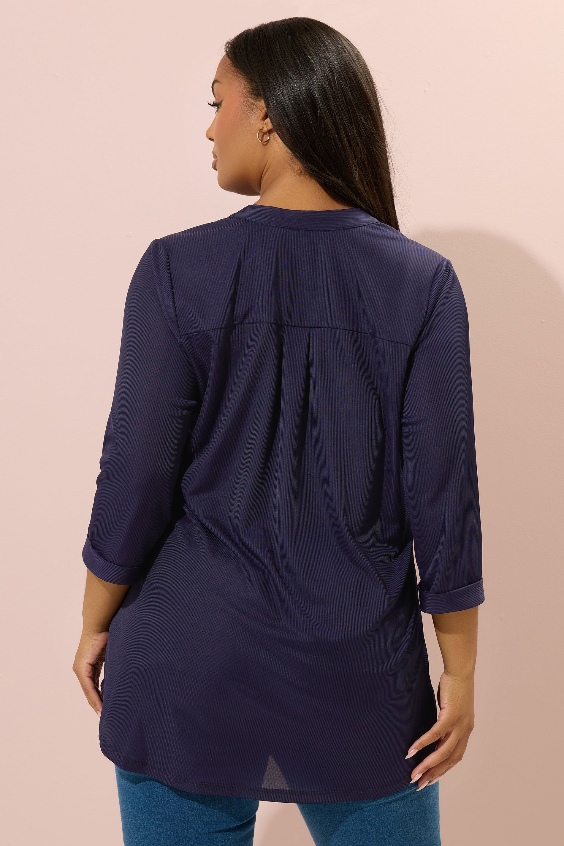  YOURS Curve Chemise Côtelée Bleu Marine à Demi-patte