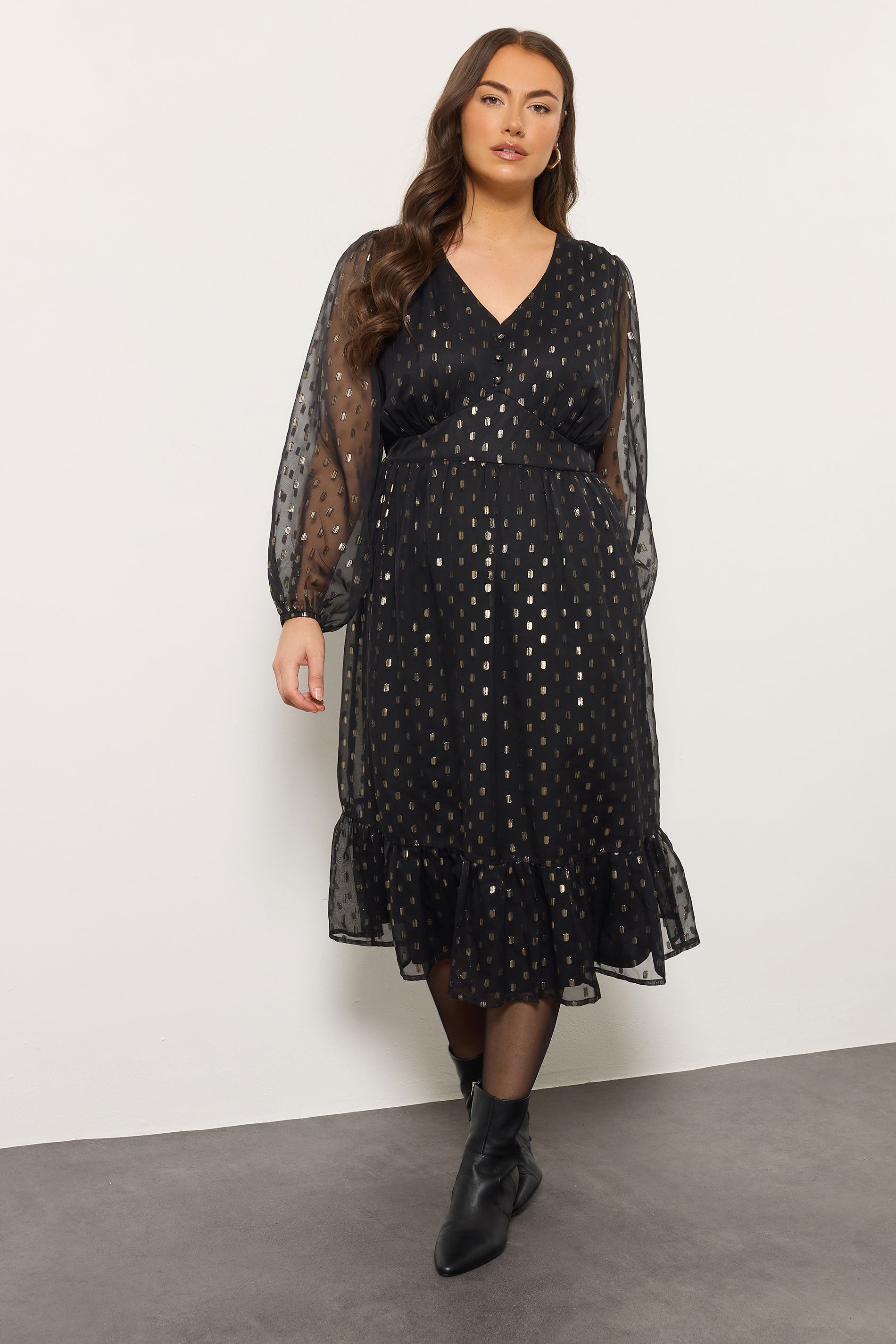  EVANS Curve Black Foil Spot Half Placket Dress