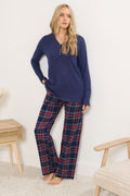  LTS Tall Navy Blue & Red Cotton Check Pyjama Bottoms