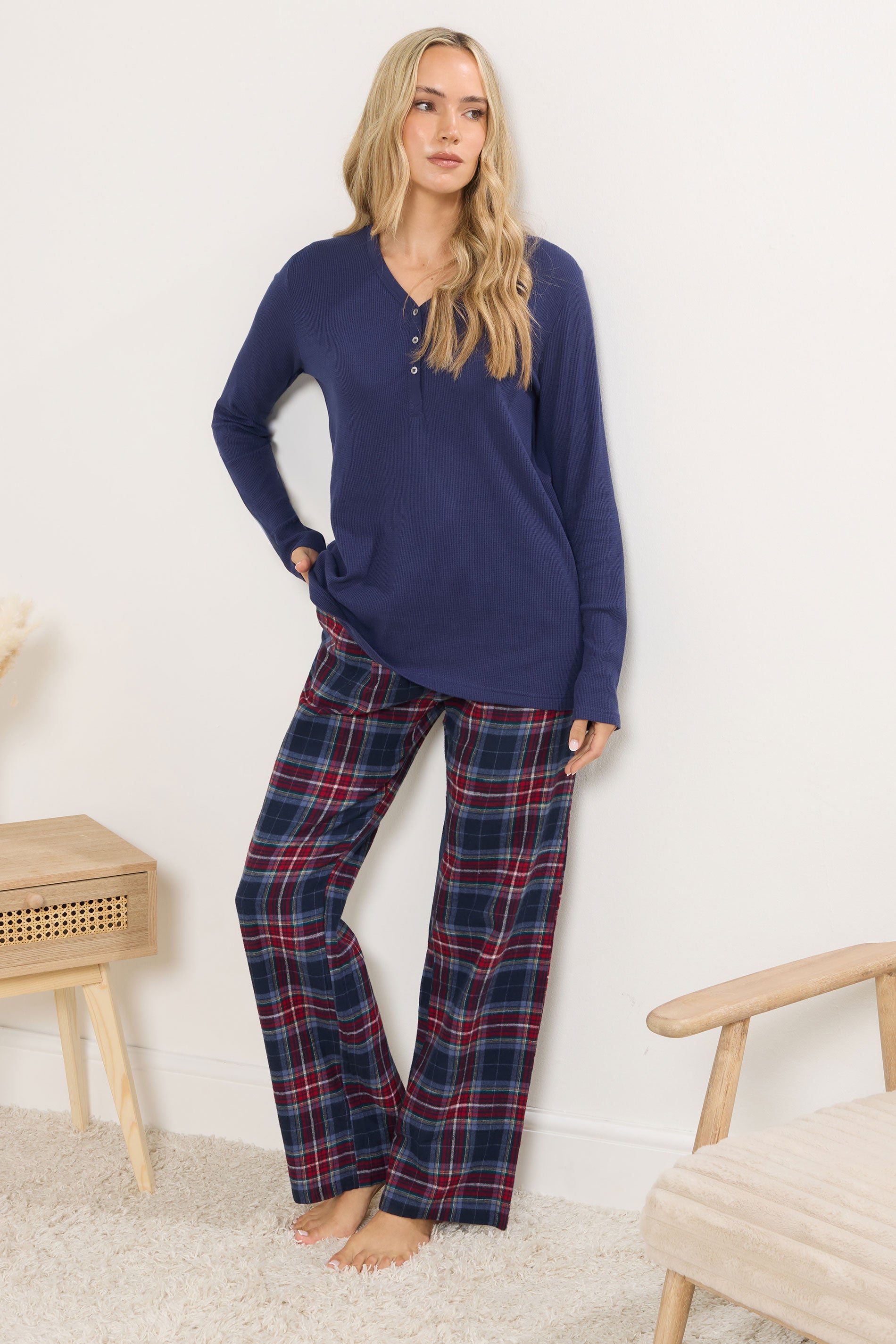  LTS Tall Navy Blue & Red Cotton Check Pyjama Bottoms