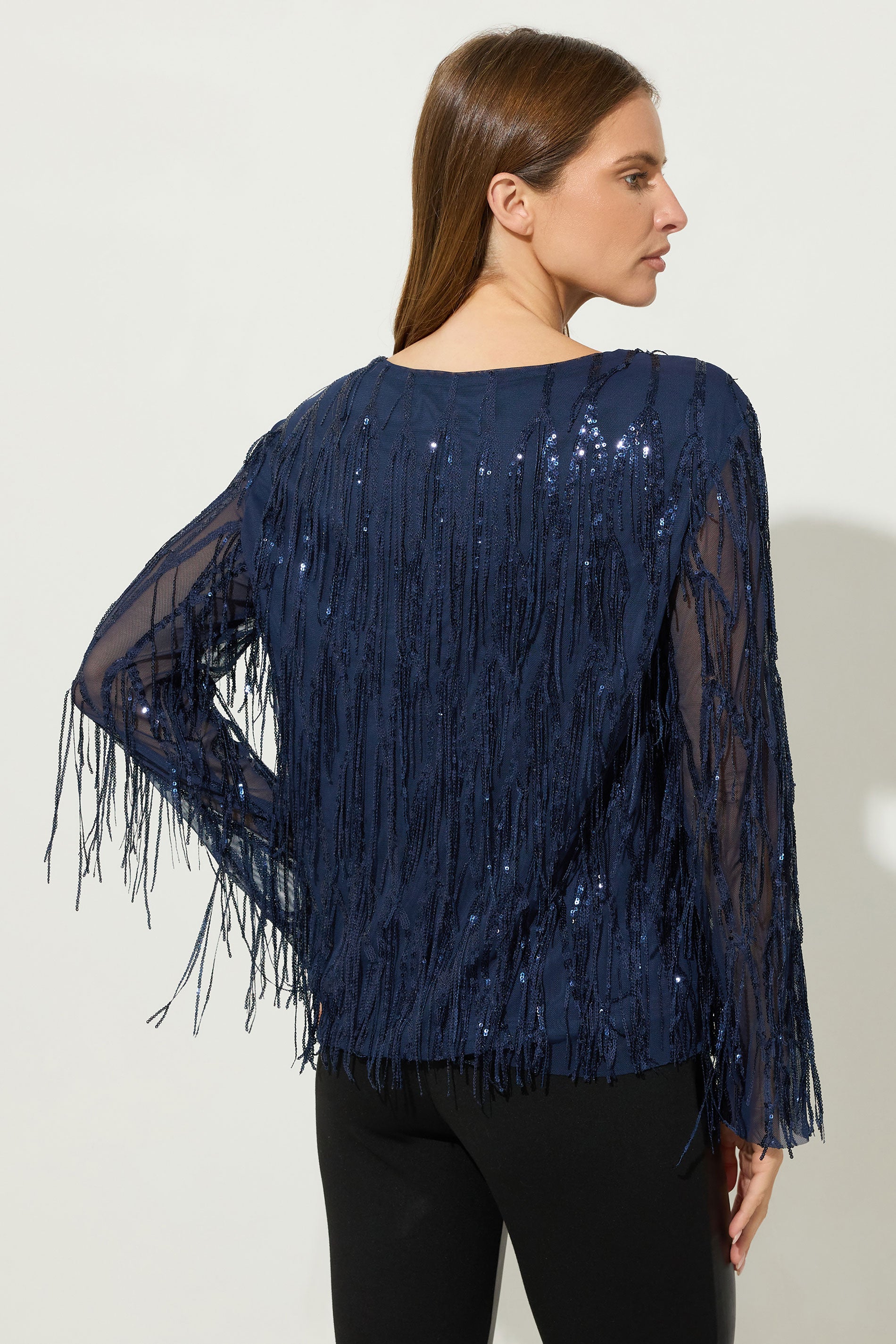  STAR Navy Blue Sequin Tassel Top