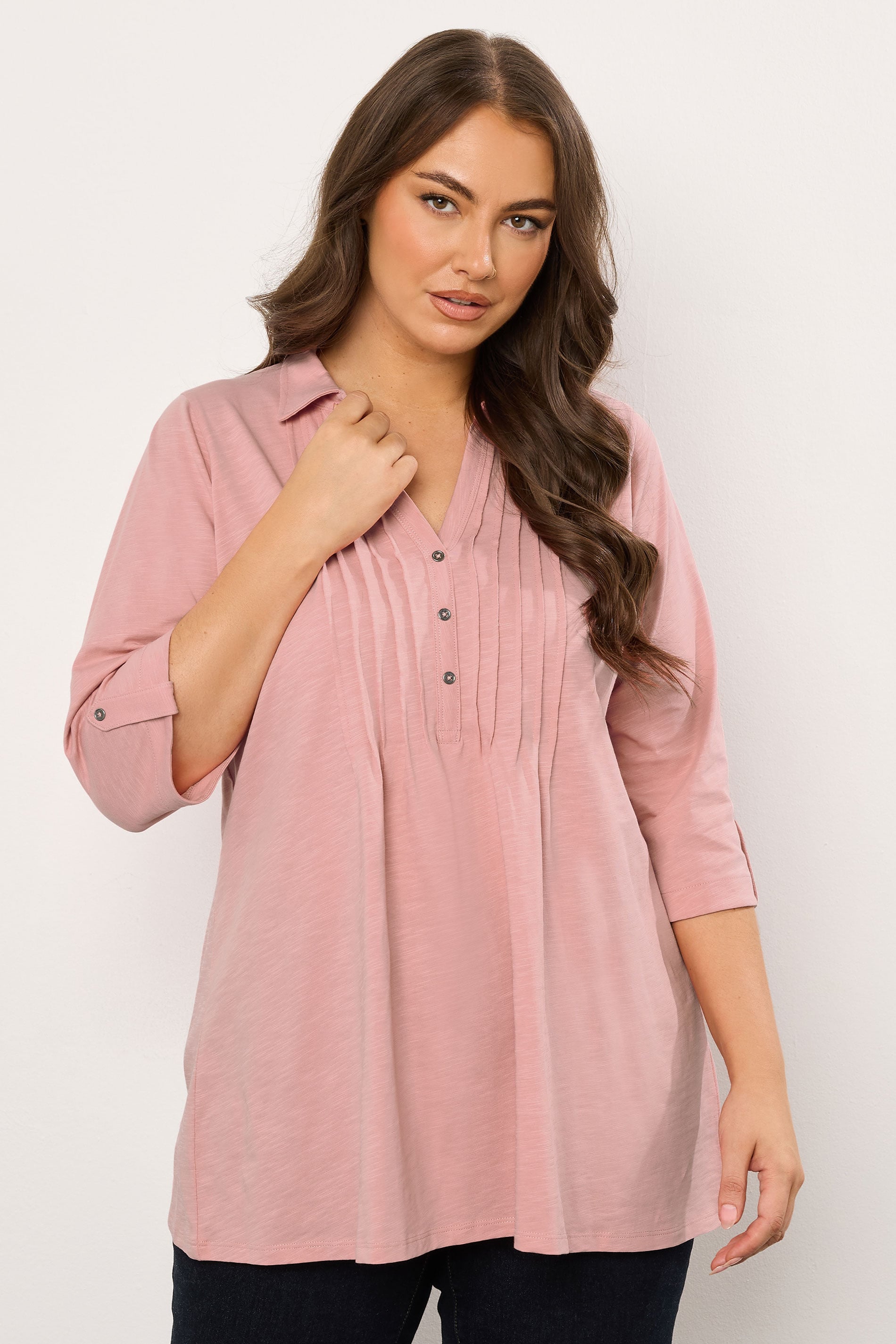  EVANS Curve Blush Pink Pintuck Henley Top