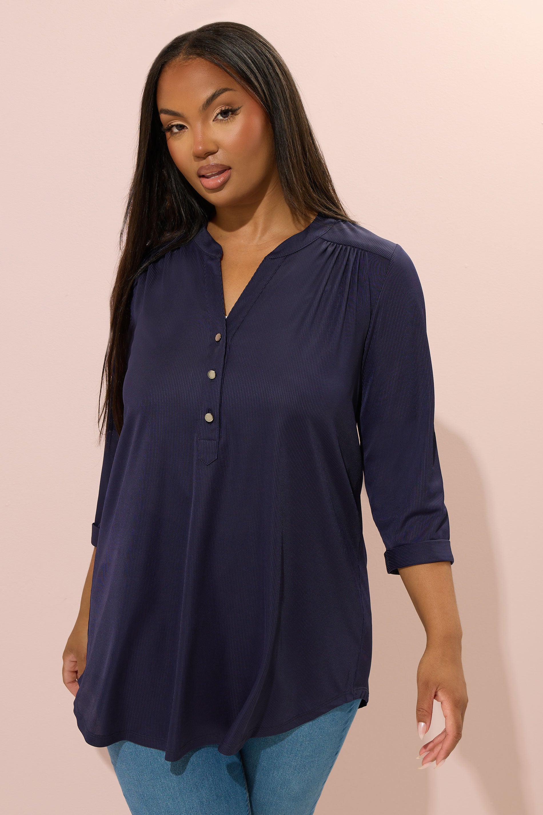  YOURS Curve Chemise Côtelée Bleu Marine à Demi-patte