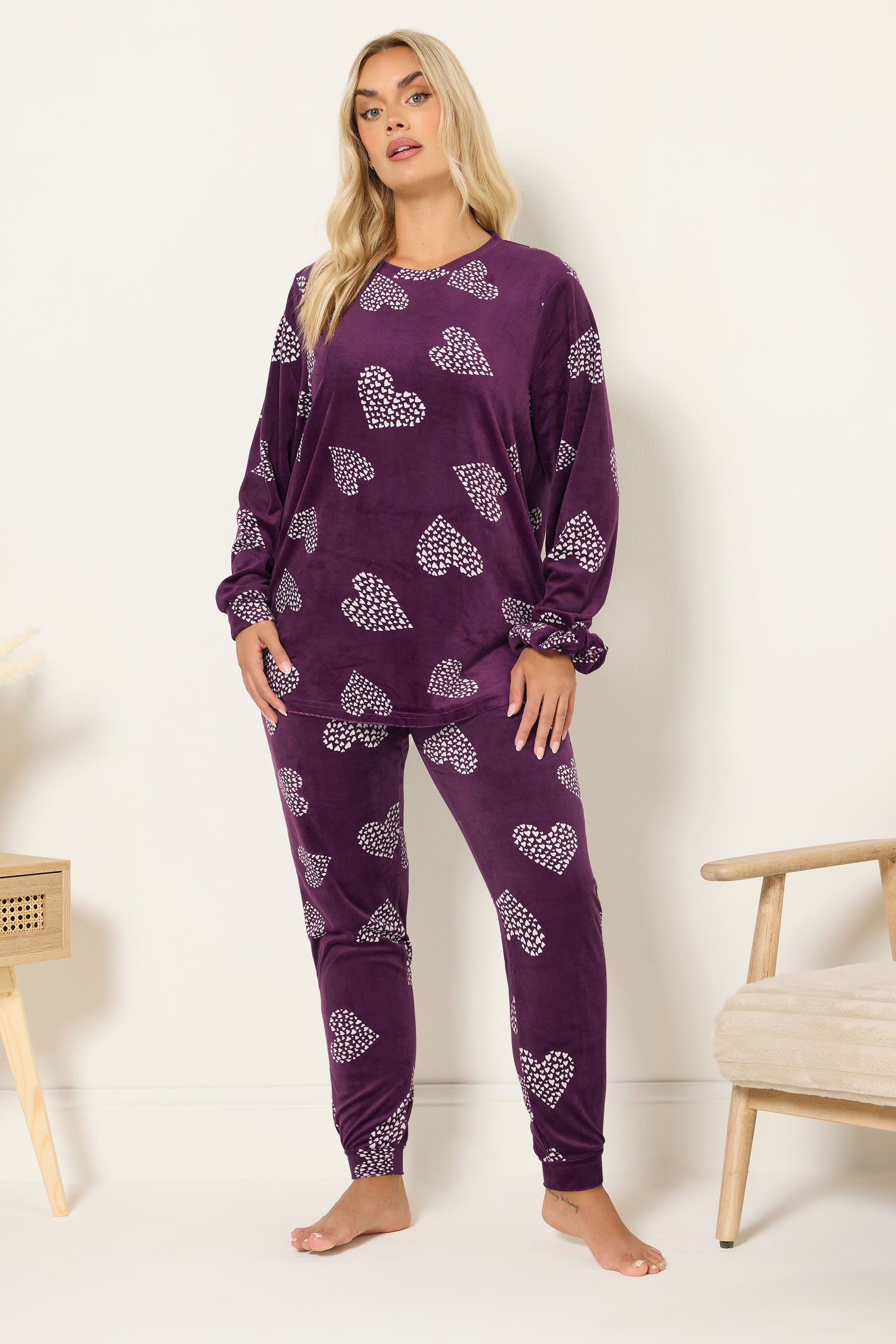  YOURS Curve Ensemble Pyjama Et Chouchou En Polaire Bordeaux à Imprimé Cœurs Rouges
