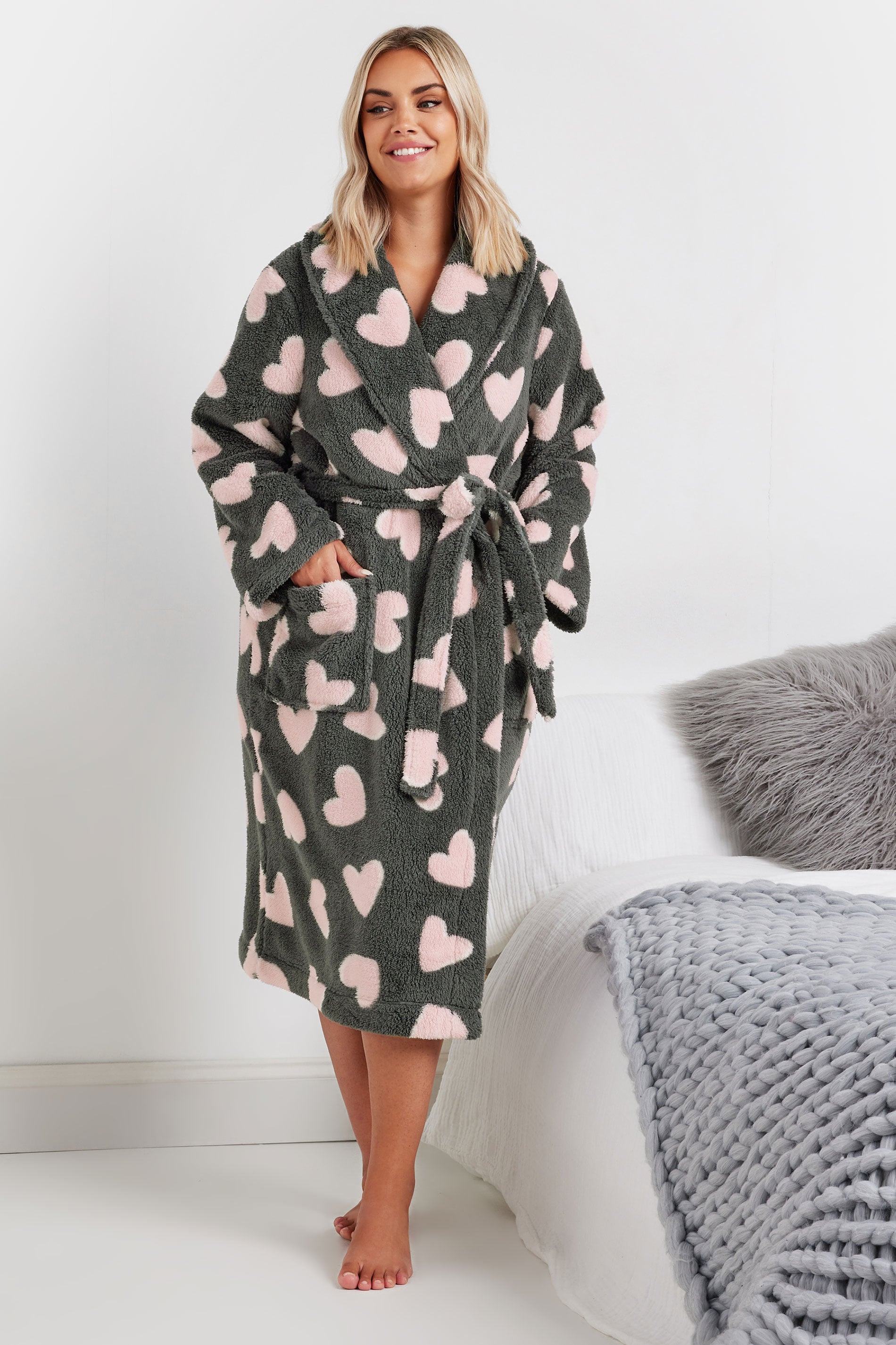  YOURS - Robe De Chambre Gris & Rose Coeurs