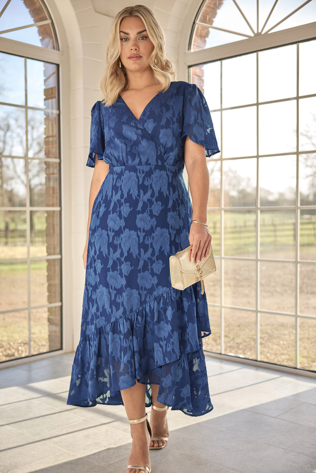  YOURS LONDON - Robe Bleue Marine Cache-Coeur Jacquard Floral