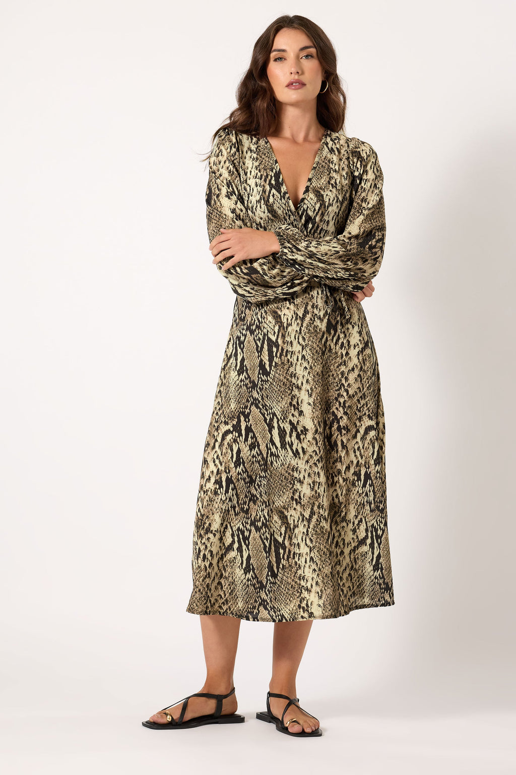 LTS Tall Beige Brown Snake Print Wrap Midi Dress