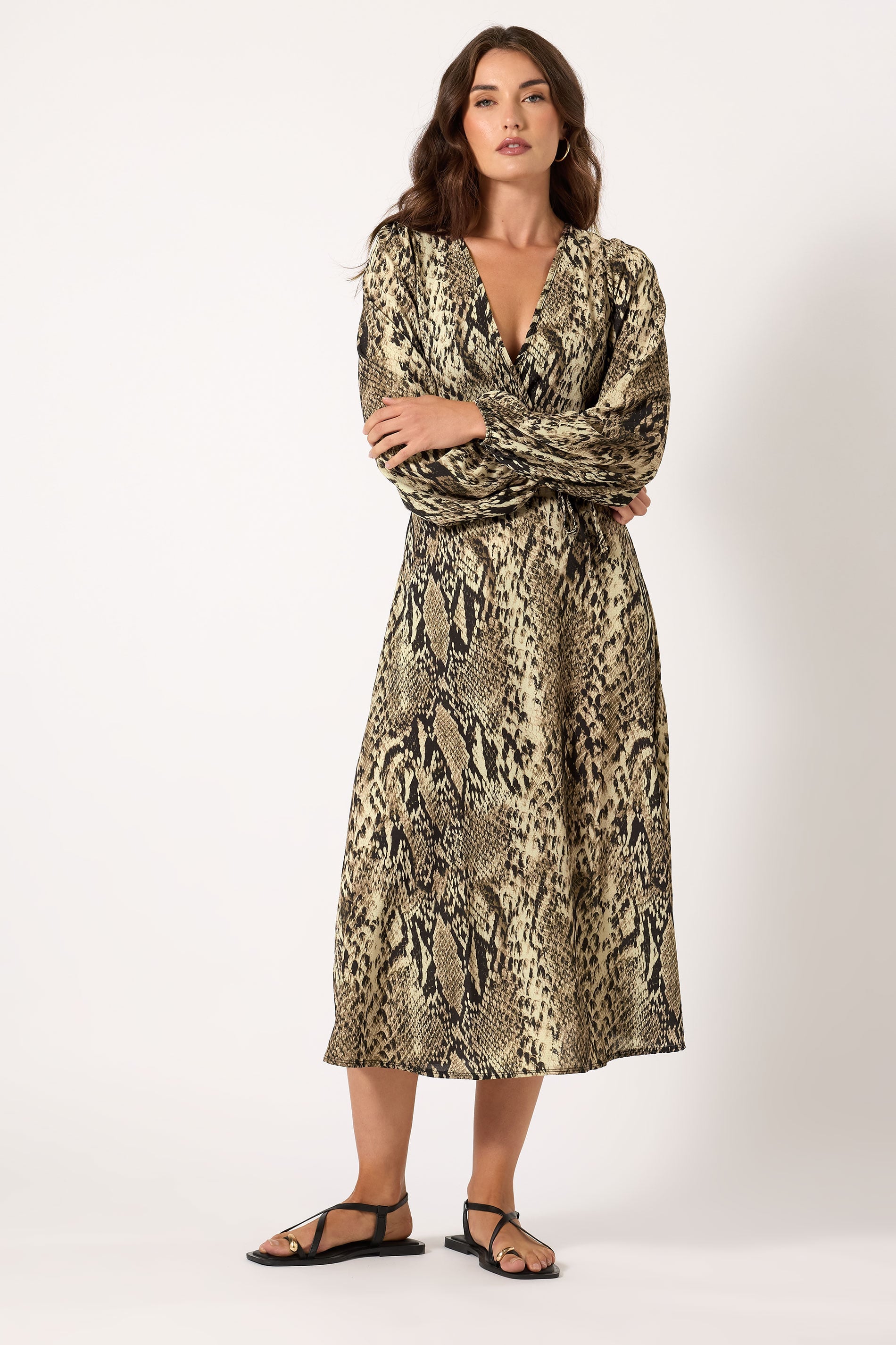  LTS Tall Beige Brown Snake Print Wrap Midi Dress