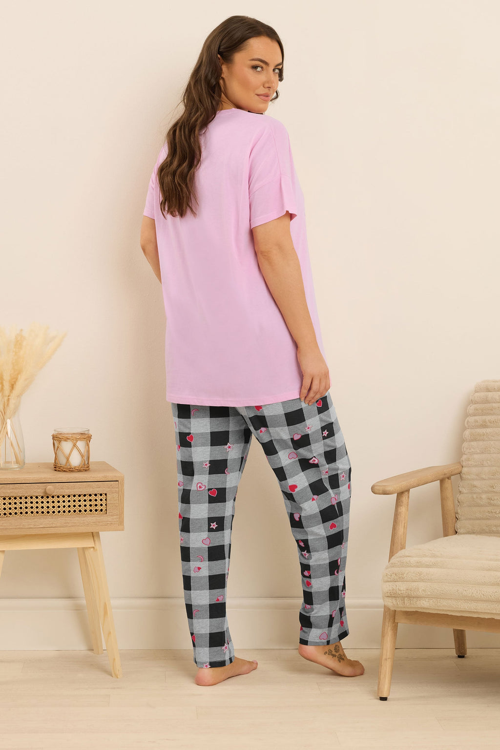  YOURS Curve Ensemble De Pyjama à Jambes Larges Rose à Carreaux Vichy Et Nœud