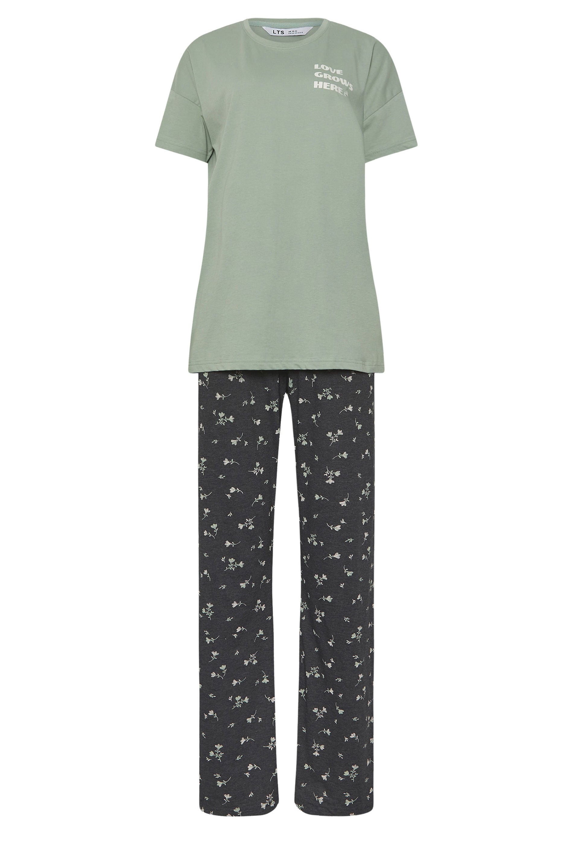  LTS Tall Sage Green Floral 'Love Grows Here' Slogan Pyjama Set