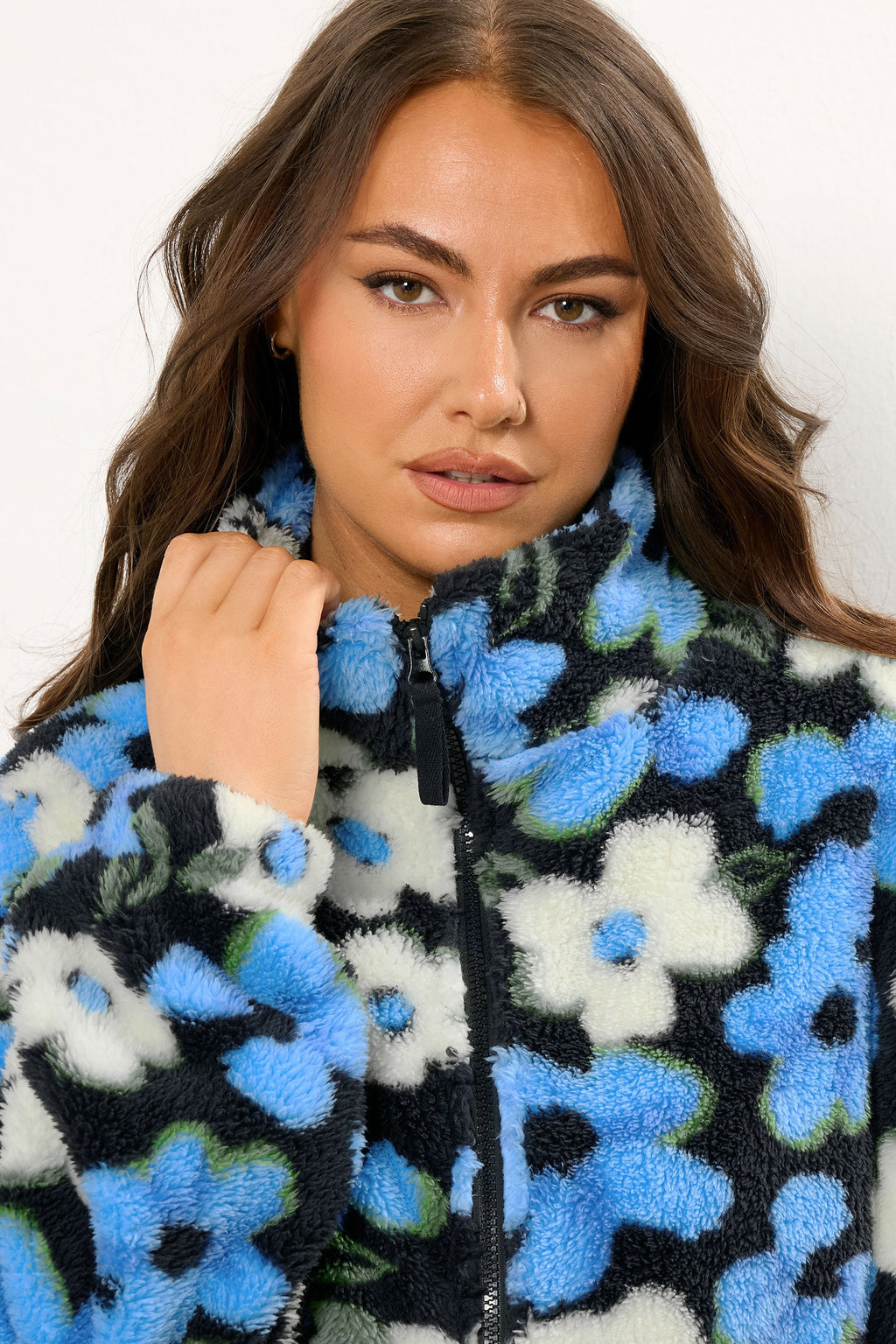  YOURS Curve Veste Polaire à Fleurs Noire Et Bleue