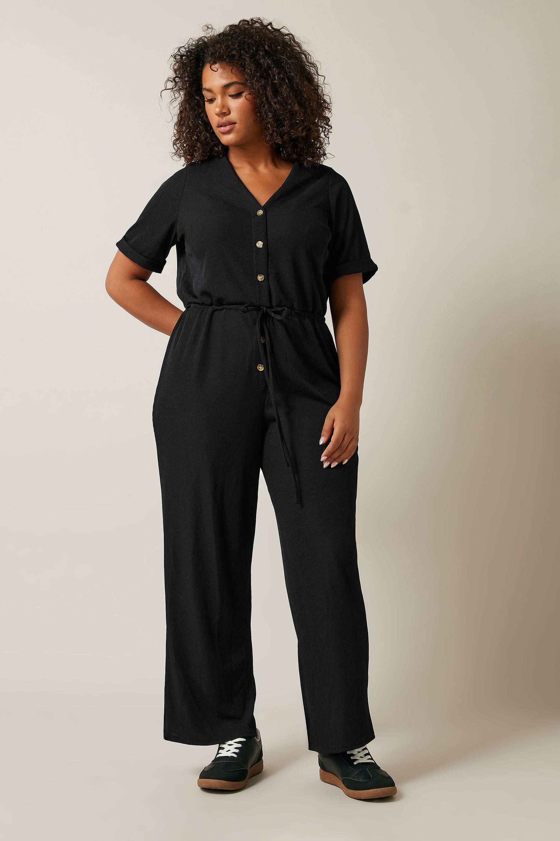  EVANS Curve Black Button Front Jersey Jumpsuit