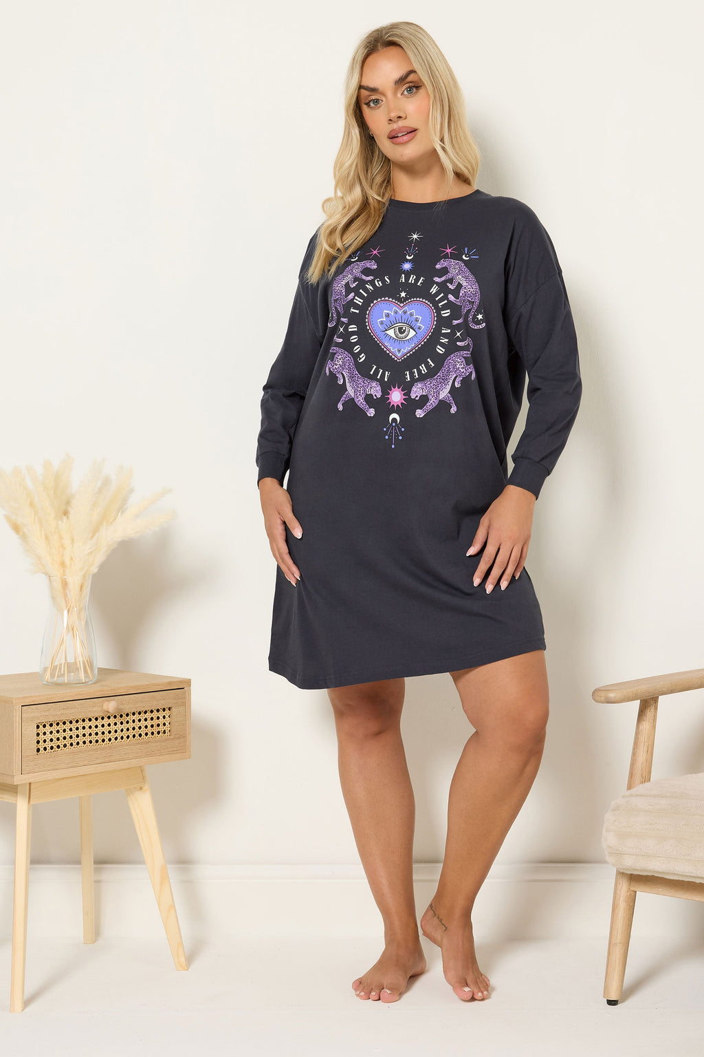  YOURS Curve Chemise De Nuit à Manches Longues Bleu Marine « Wild And Free »