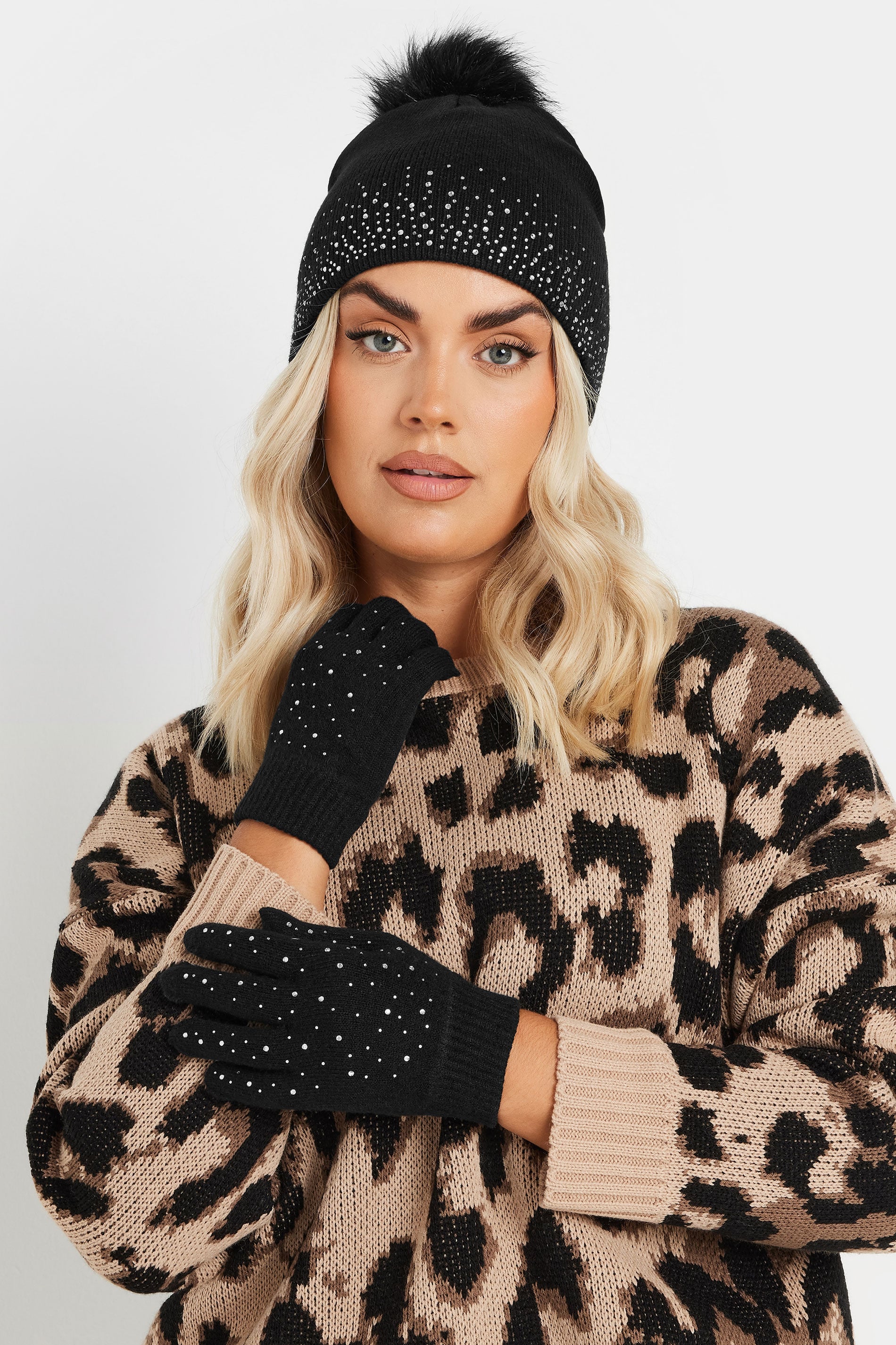 Ensemble Bonnet à Pompon Et Gants Ornés De Diamants Noirs